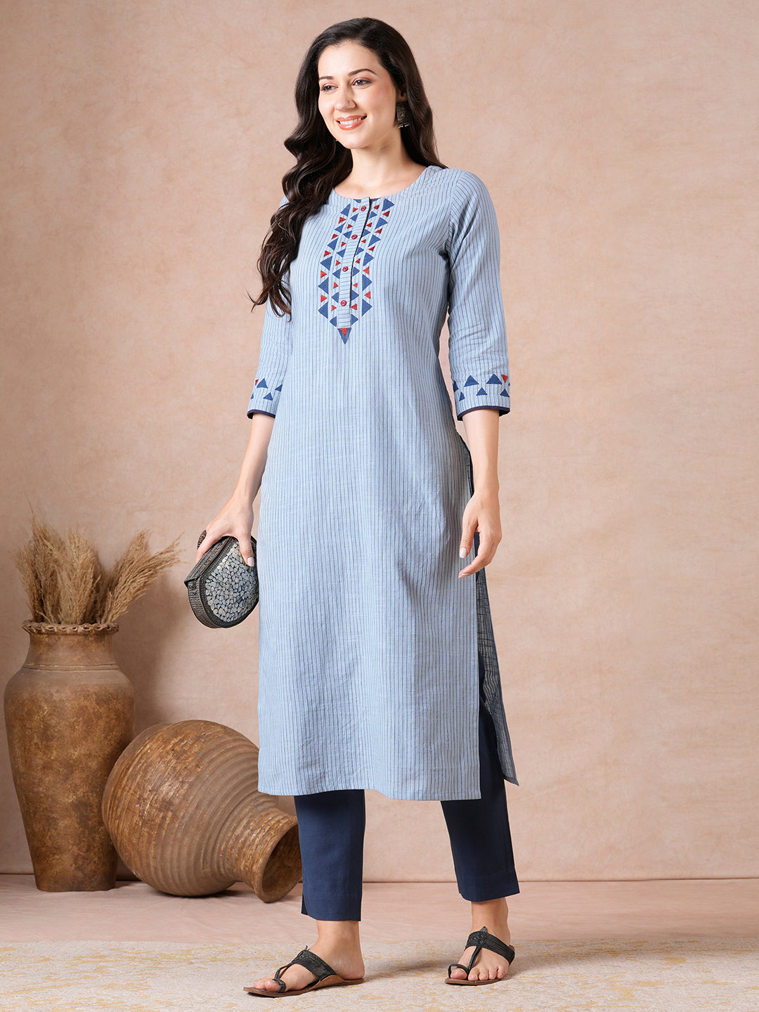 Straight Fit Cotton Stripe Kurta with Block Print, Handwork & Eyelet Buttons.
