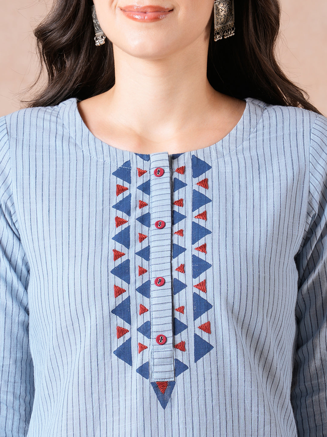 Straight Fit Cotton Stripe Kurta with Block Print, Handwork & Eyelet Buttons.