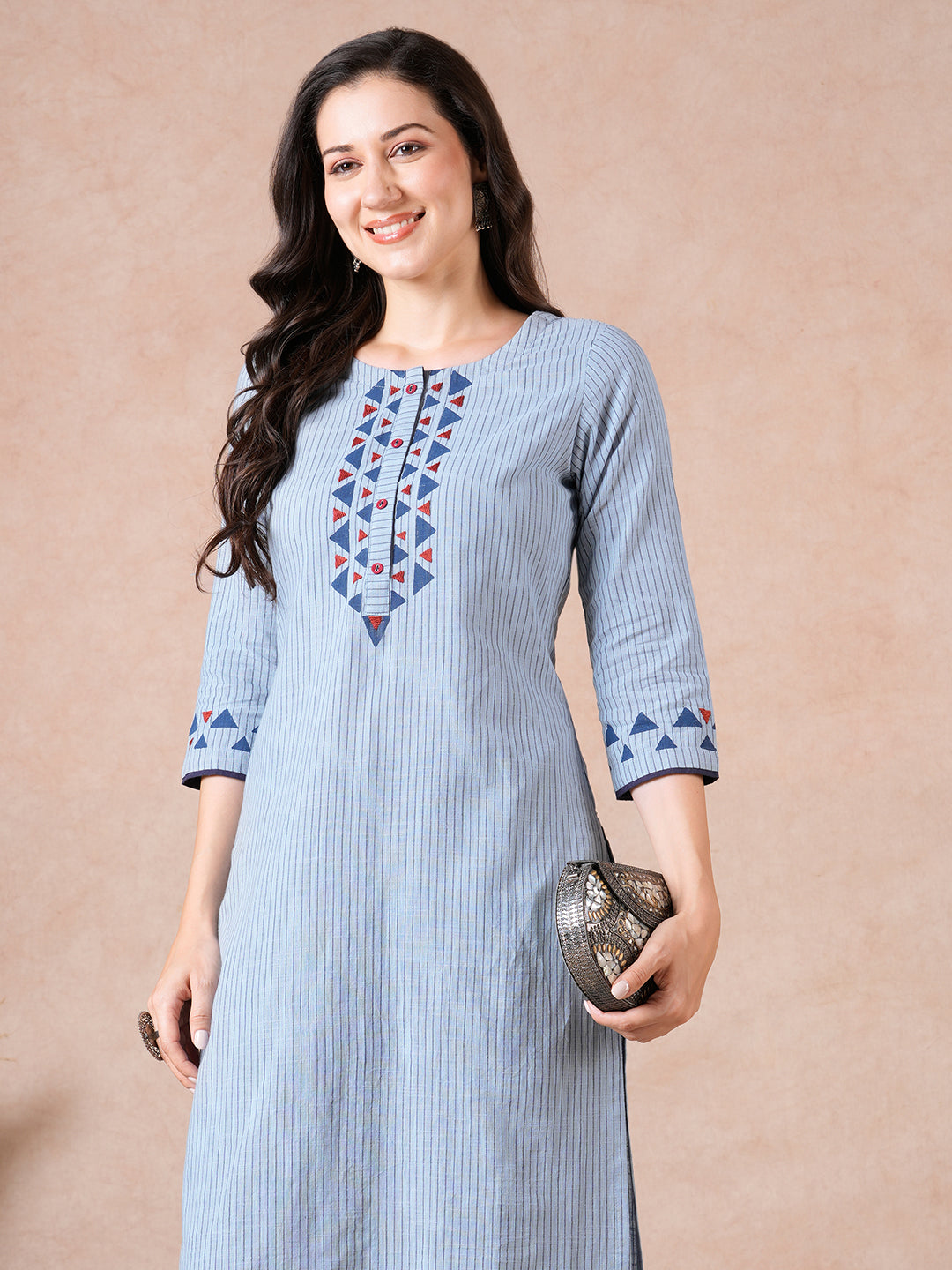 Straight Fit Cotton Stripe Kurta with Block Print, Handwork & Eyelet Buttons.
