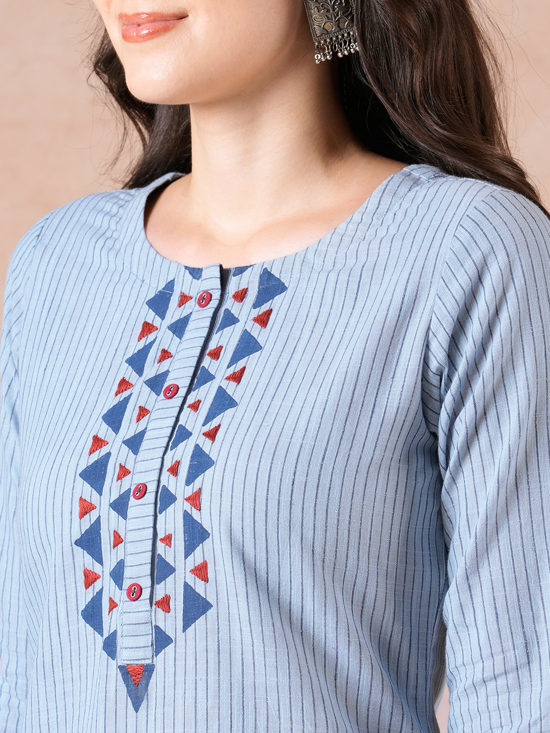 Straight Fit Cotton Stripe Kurta with Block Print, Handwork & Eyelet Buttons.