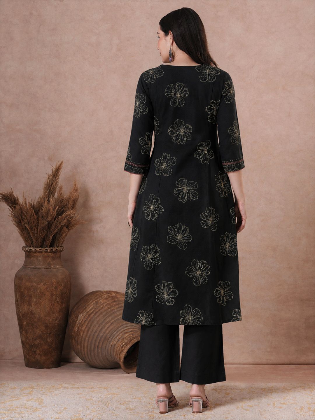 Pocketed A-Line Cotton Printed Kurta with Smocking & Hand Work.
