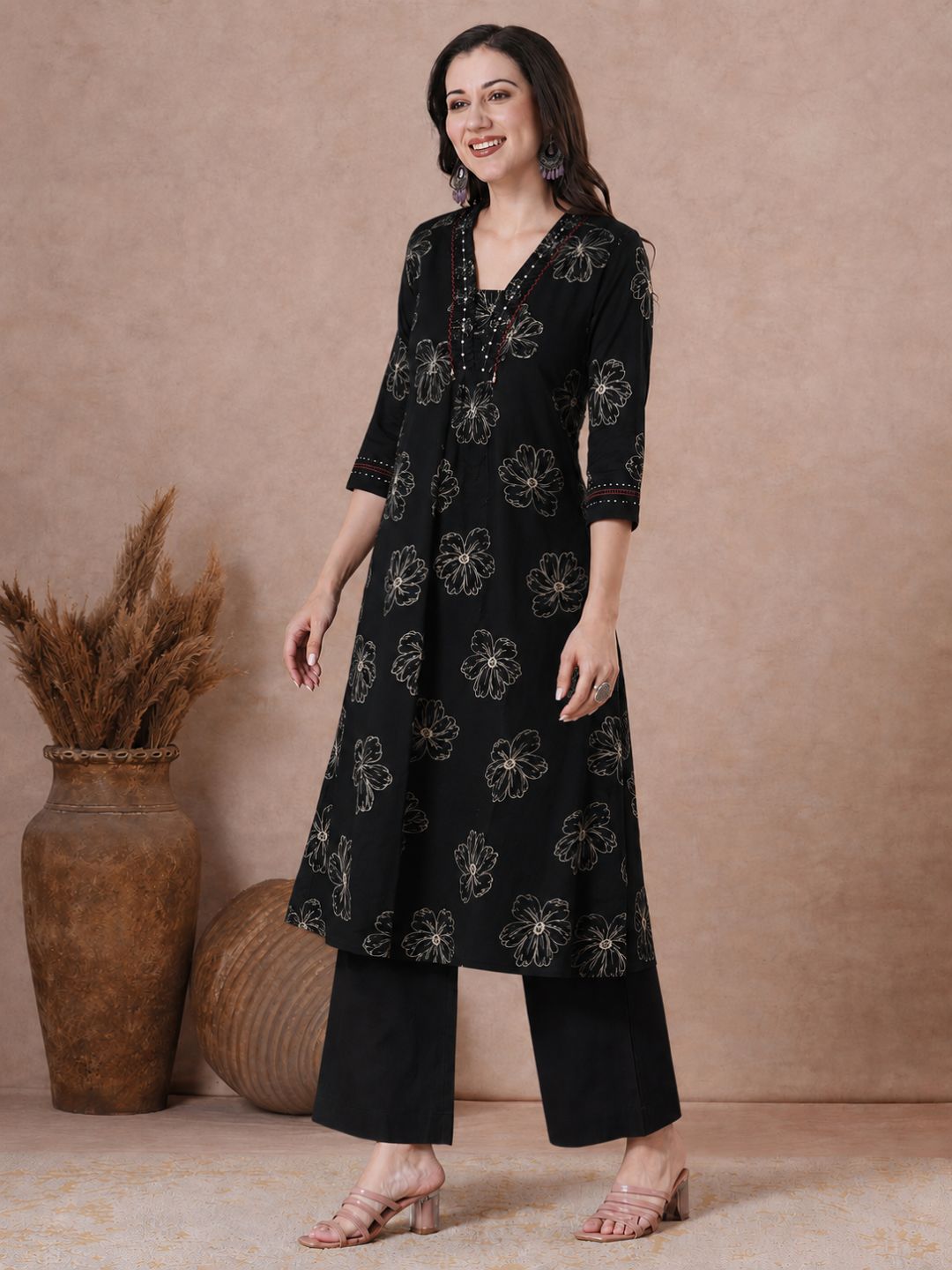 Pocketed A-Line Cotton Printed Kurta with Smocking & Hand Work.