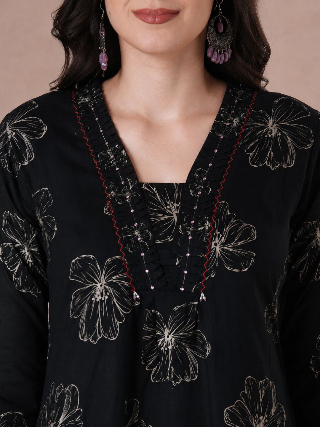 Pocketed A-Line Cotton Printed Kurta with Smocking & Hand Work.