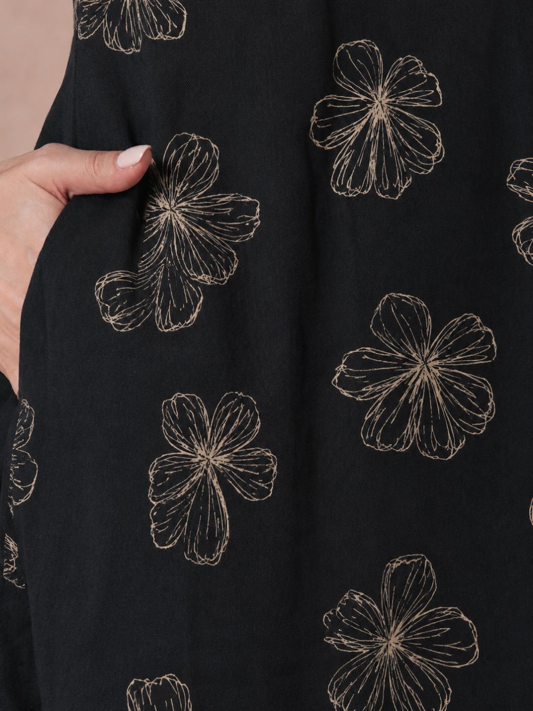 Pocketed A-Line Cotton Printed Kurta with Smocking & Hand Work.