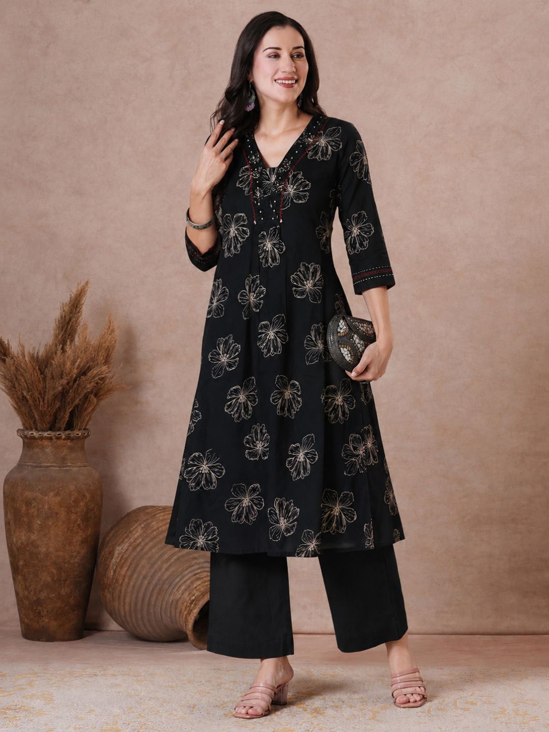 Pocketed A-Line Cotton Printed Kurta with Smocking & Hand Work.