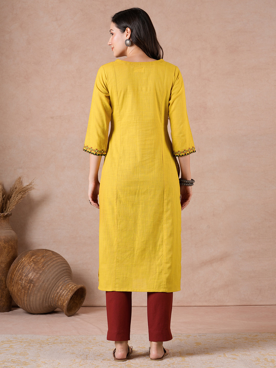 Straight Fit Cotton Slub Kurta with Rabari Embroidery & Block Print Trim.