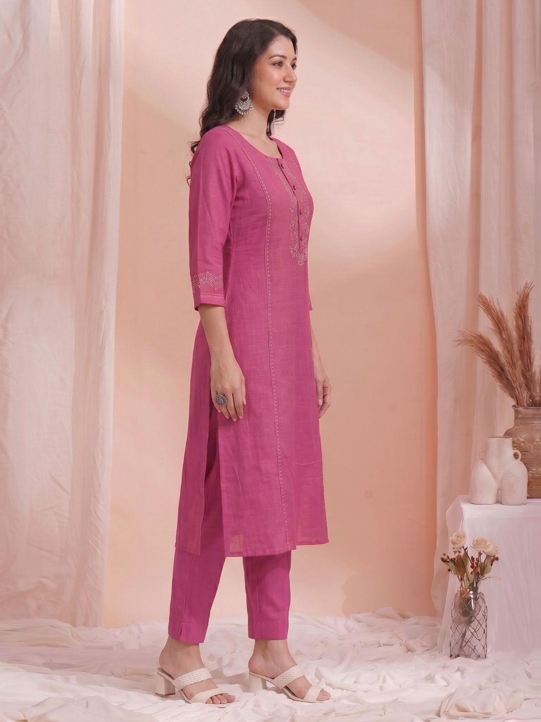 Pink A-Line Cotton Slub Kurta with Dori Work & featuring princess line panels.