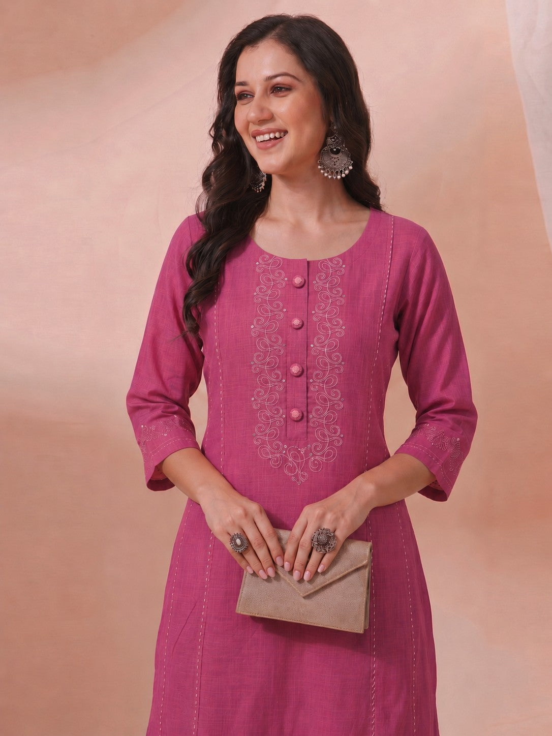 Pink A-Line Cotton Slub Kurta with Dori Work & featuring princess line panels.