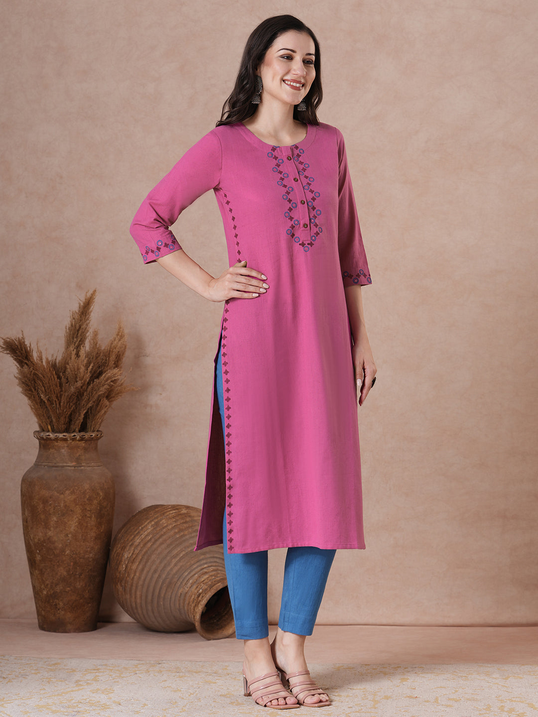Elegant Straight Fit Cotton Kurta in Vibrant Pink with Floral Block Print Yoke