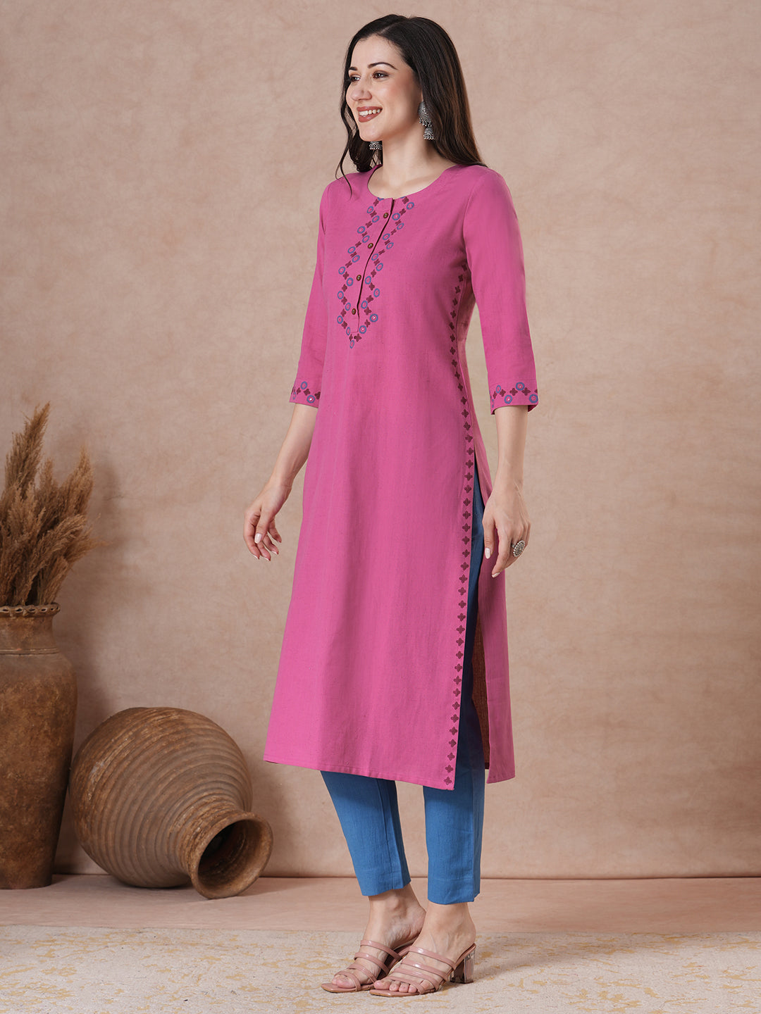 Elegant Straight Fit Cotton Kurta in Vibrant Pink with Floral Block Print Yoke