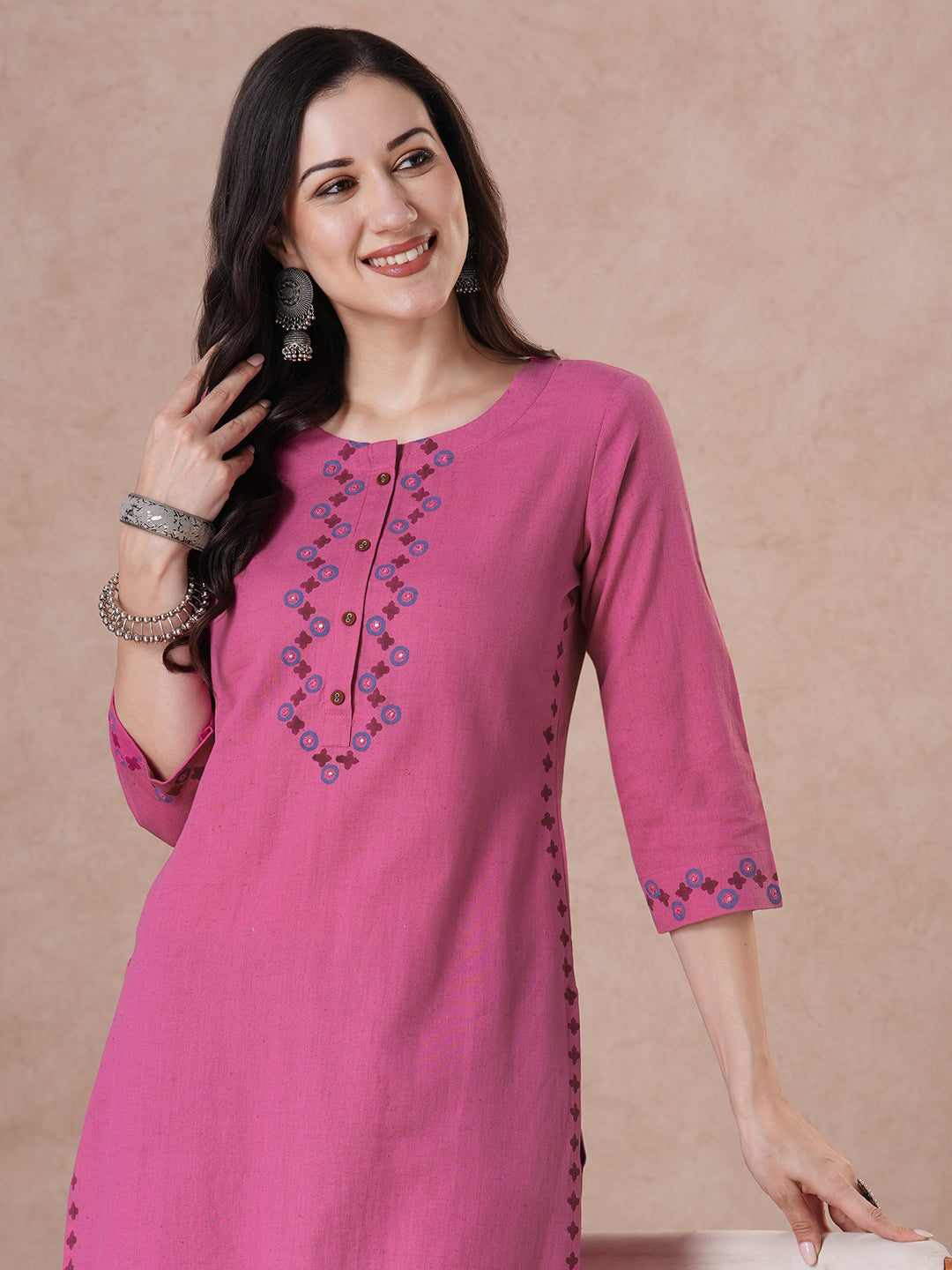 Elegant Straight Fit Cotton Kurta in Vibrant Pink with Floral Block Print Yoke