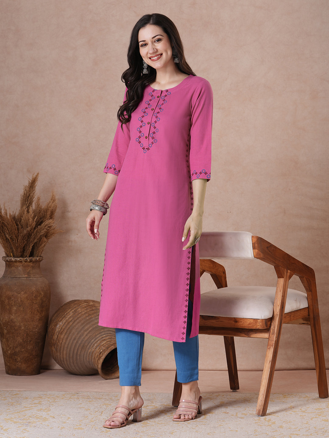 Elegant Straight Fit Cotton Kurta in Vibrant Pink with Floral Block Print Yoke
