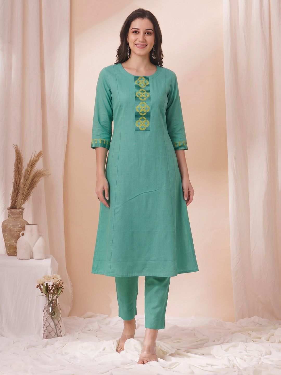 A-Line Cotton Slub Kurta with Hand Block Print & Mirror Work and Princess Panels.