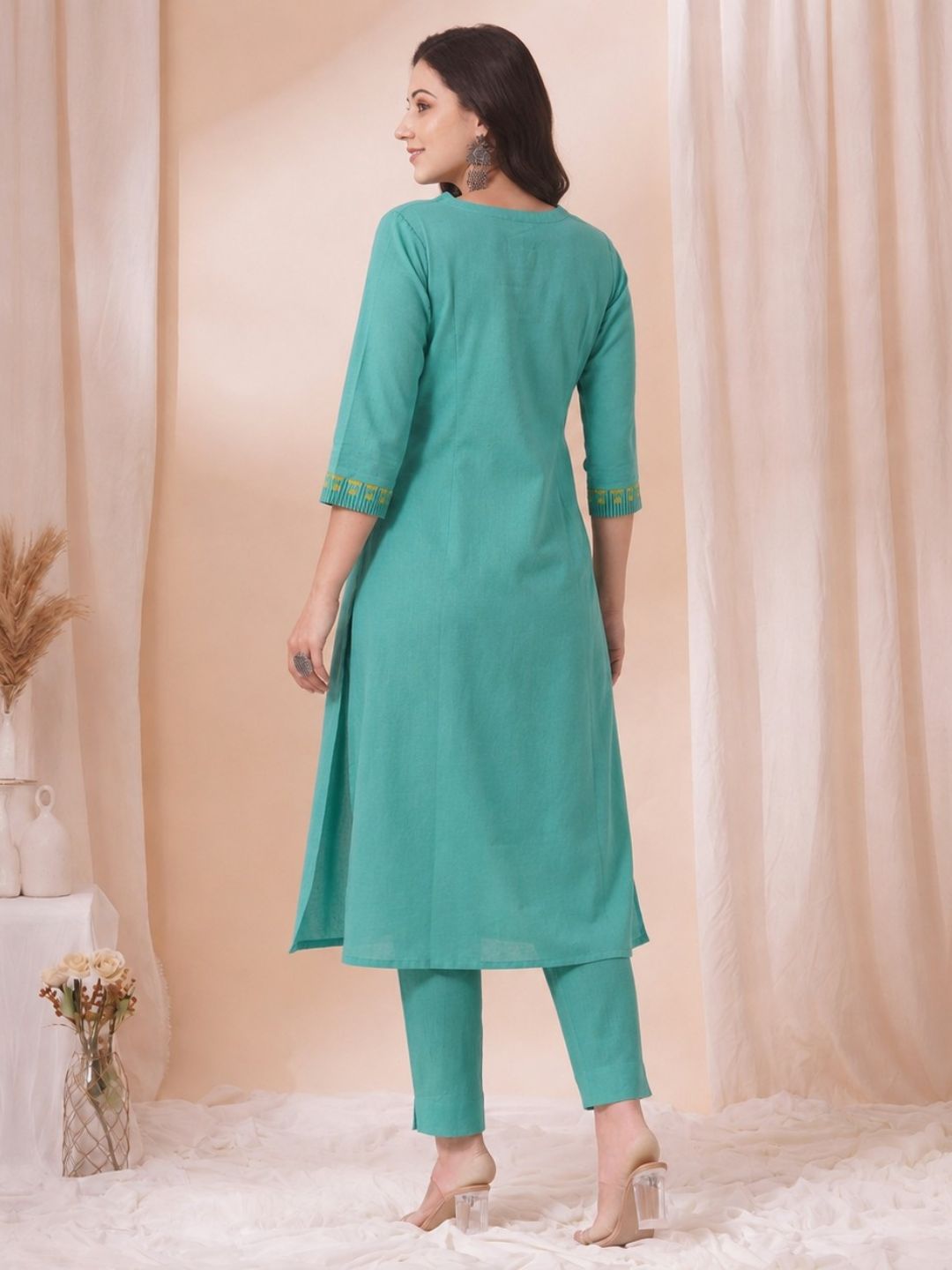 A-Line Cotton Slub Kurta with Hand Block Print & Mirror Work and Princess Panels.
