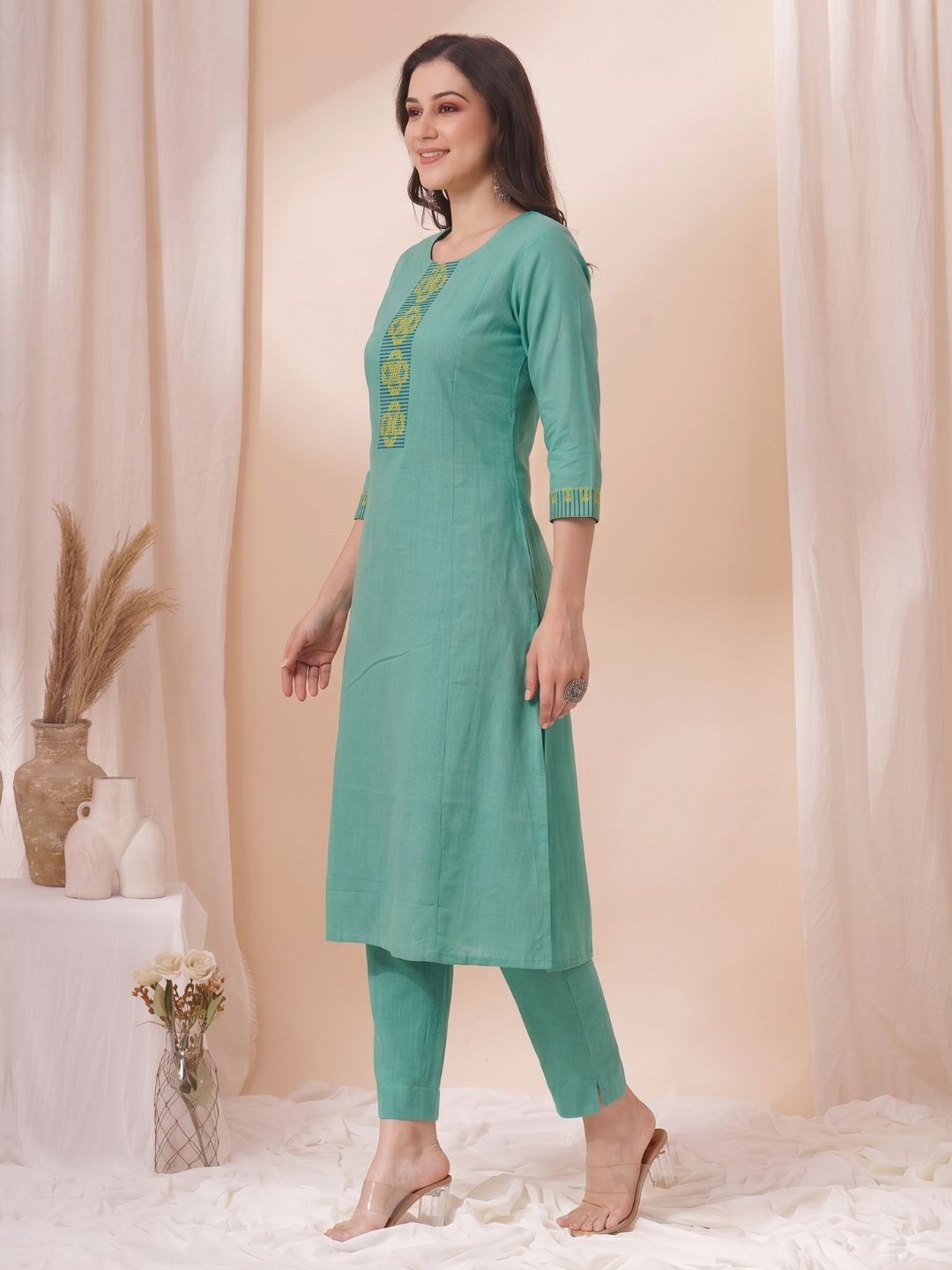 A-Line Cotton Slub Kurta with Hand Block Print & Mirror Work and Princess Panels.