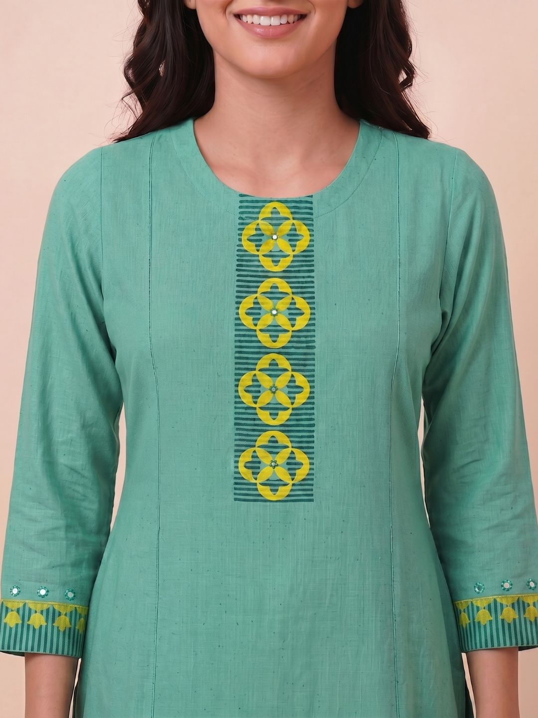 A-Line Cotton Slub Kurta with Hand Block Print & Mirror Work and Princess Panels.