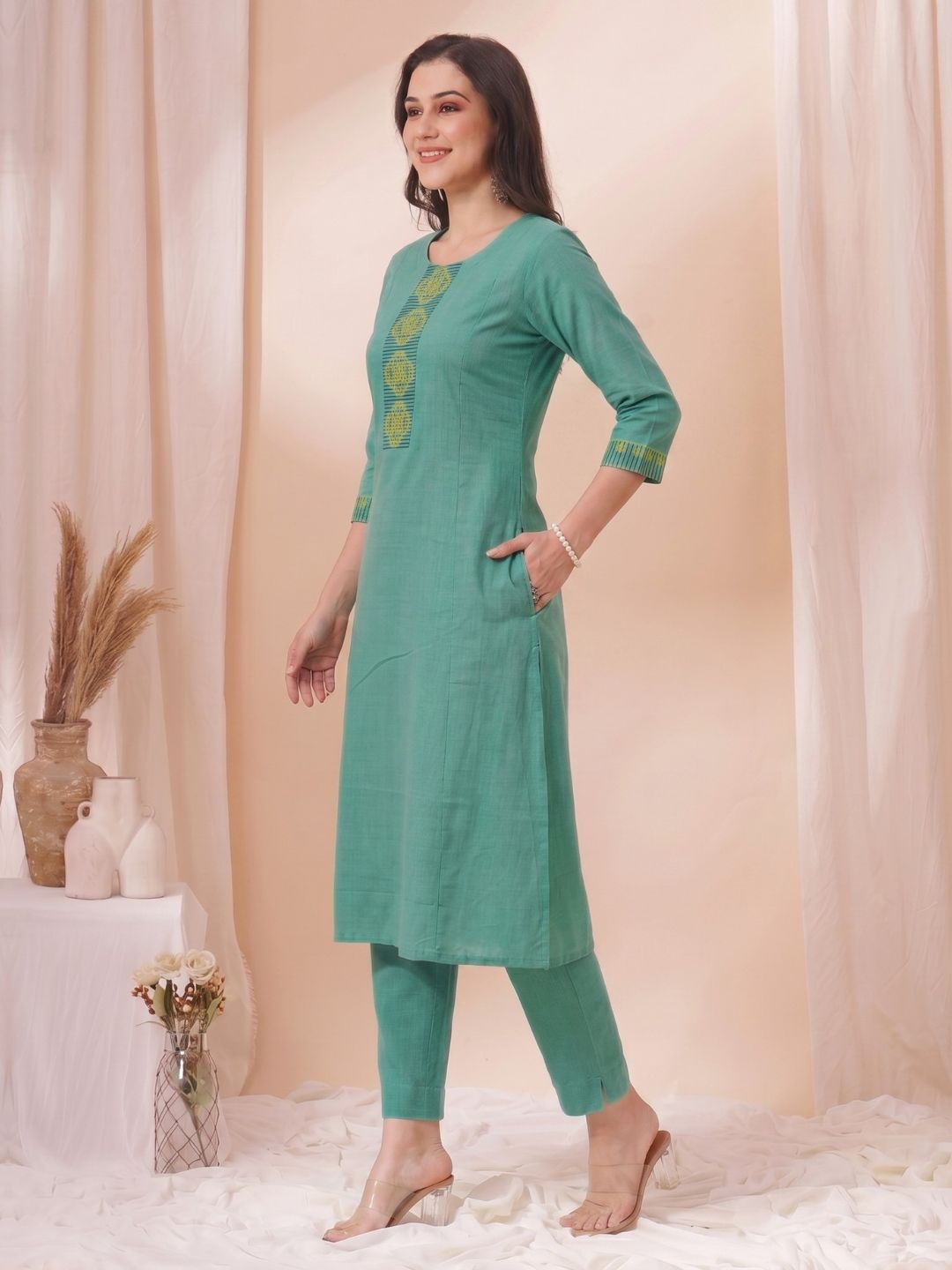 A-Line Cotton Slub Kurta with Hand Block Print & Mirror Work and Princess Panels.
