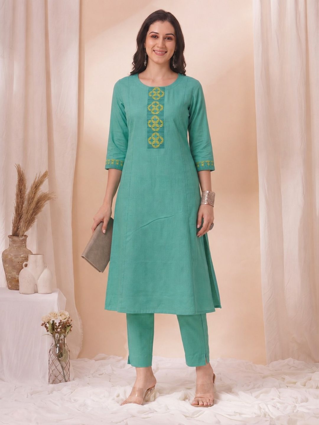 A-Line Cotton Slub Kurta with Hand Block Print & Mirror Work and Princess Panels.