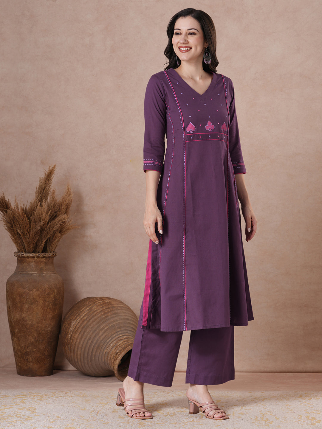 Stylish Purple Cotton A-Line Kurta with Intricate Embroidered Yoke