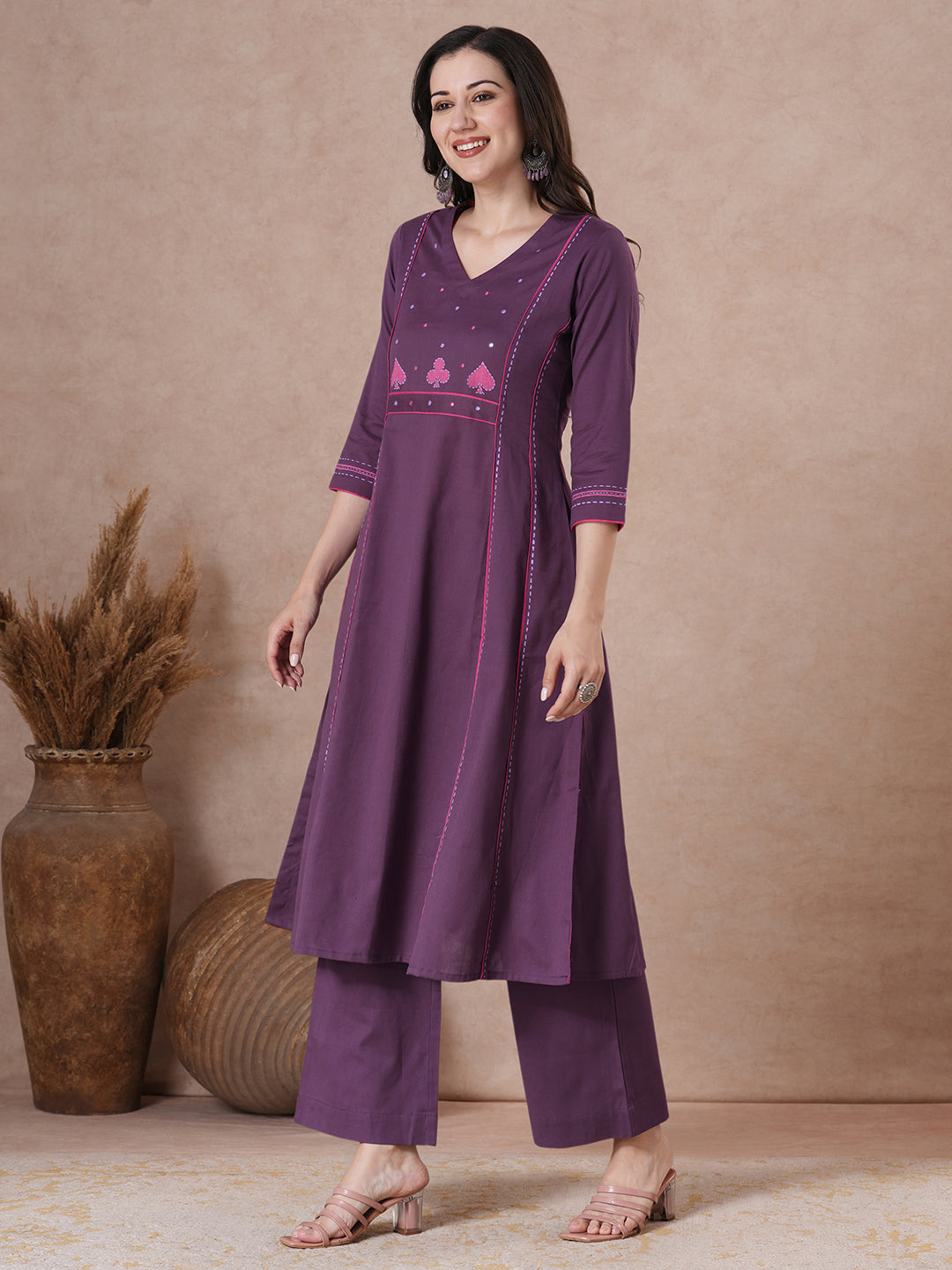 Stylish Purple Cotton A-Line Kurta with Intricate Embroidered Yoke