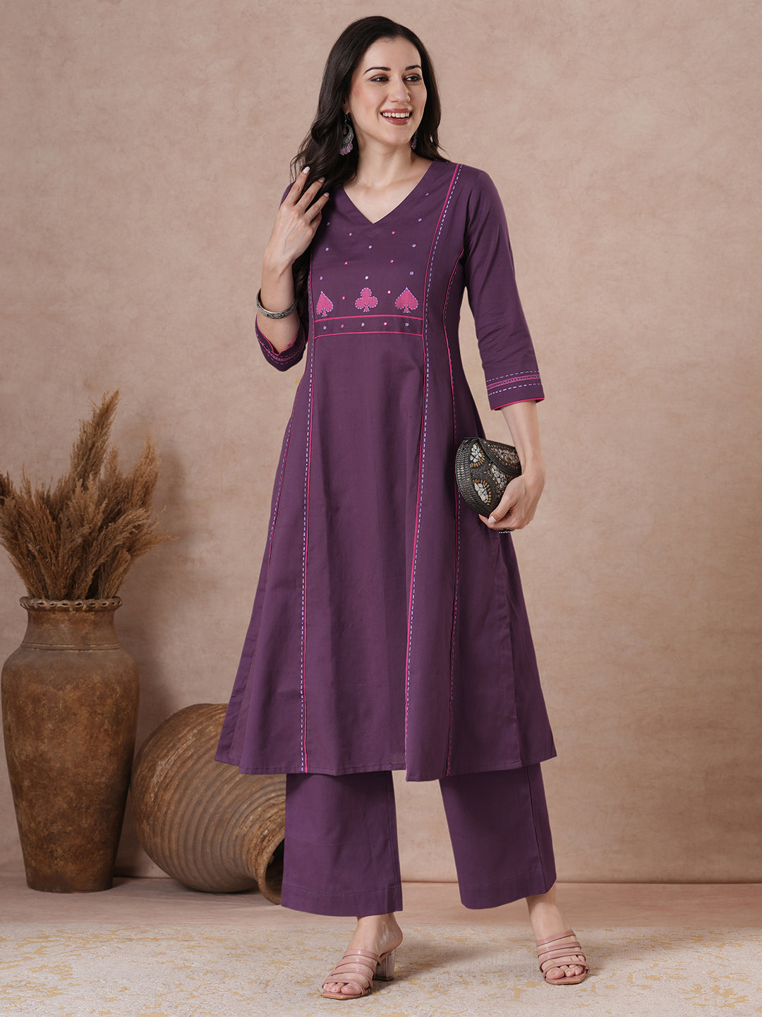 Stylish Purple Cotton A-Line Kurta with Intricate Embroidered Yoke