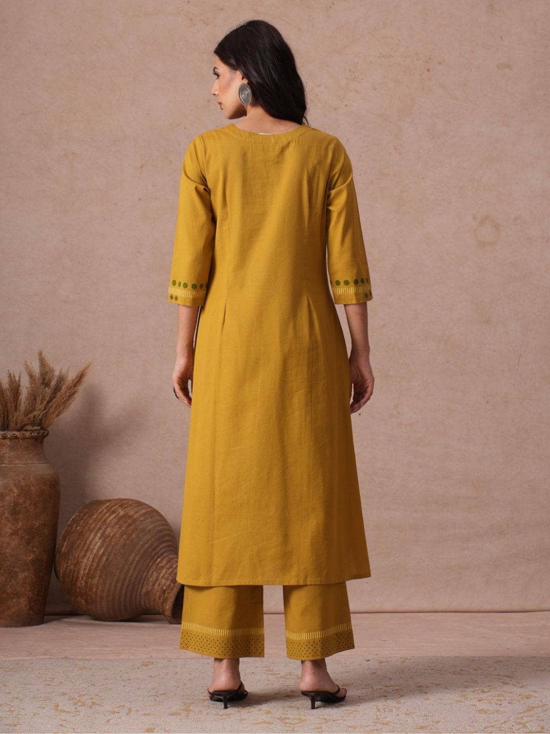 A-Line Cotton Flex Kurta with Hand Block Print and Mirror Work Detailing.
