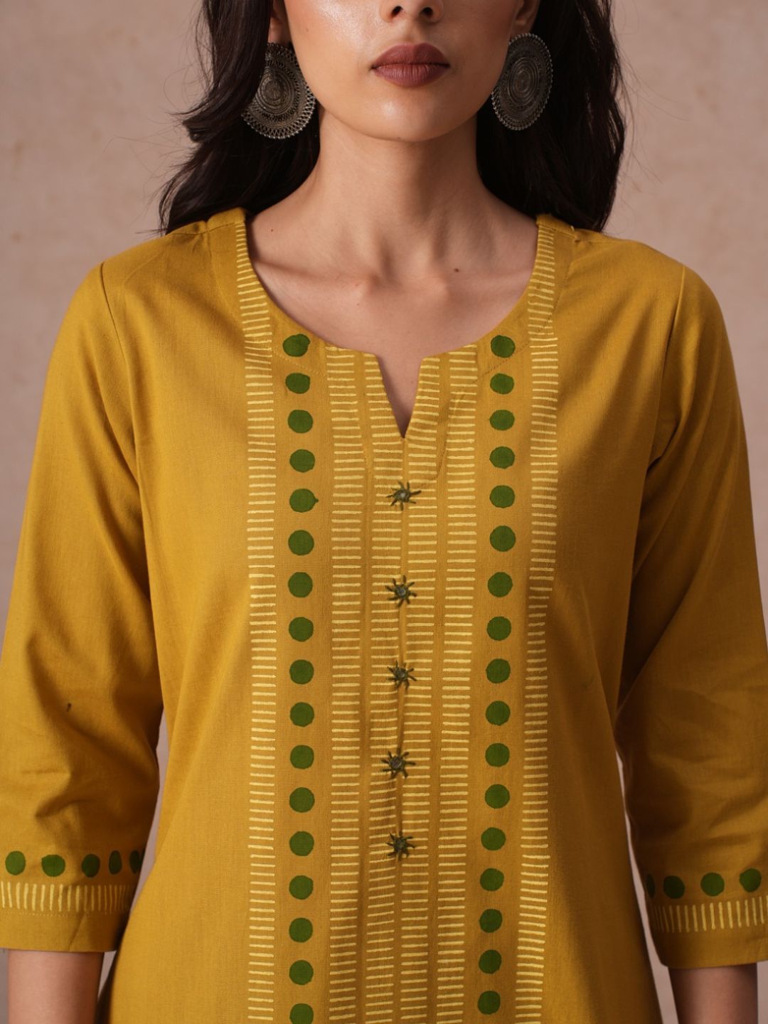 A-Line Cotton Flex Kurta with Hand Block Print and Mirror Work Detailing.