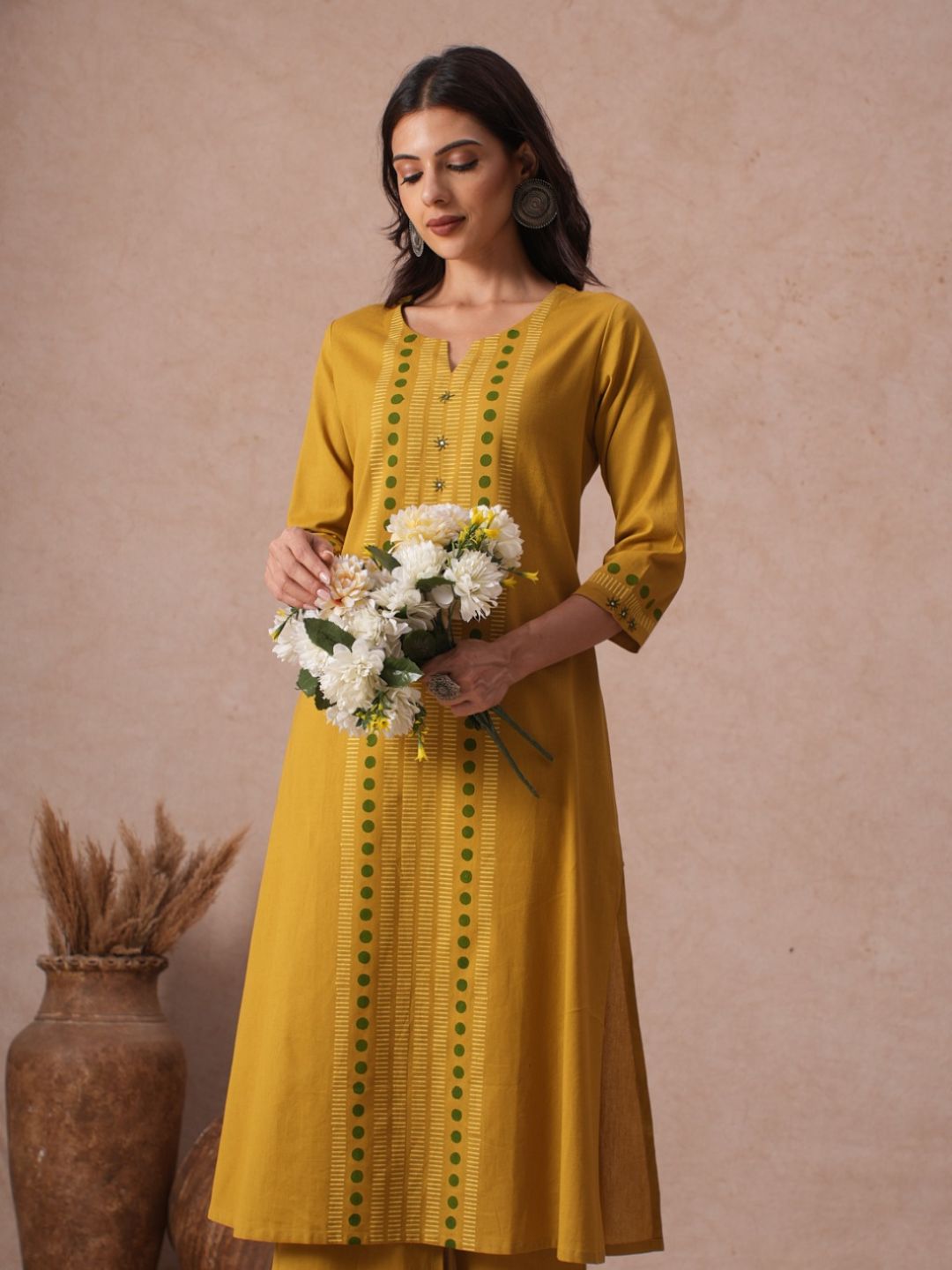 A-Line Cotton Flex Kurta with Hand Block Print and Mirror Work Detailing.