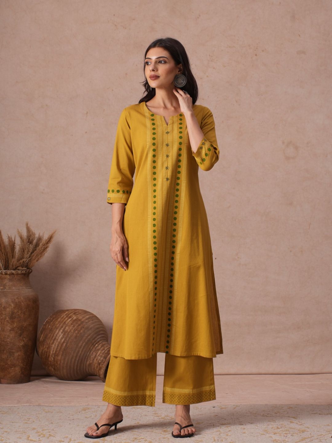 A-Line Cotton Flex Kurta with Hand Block Print and Mirror Work Detailing.