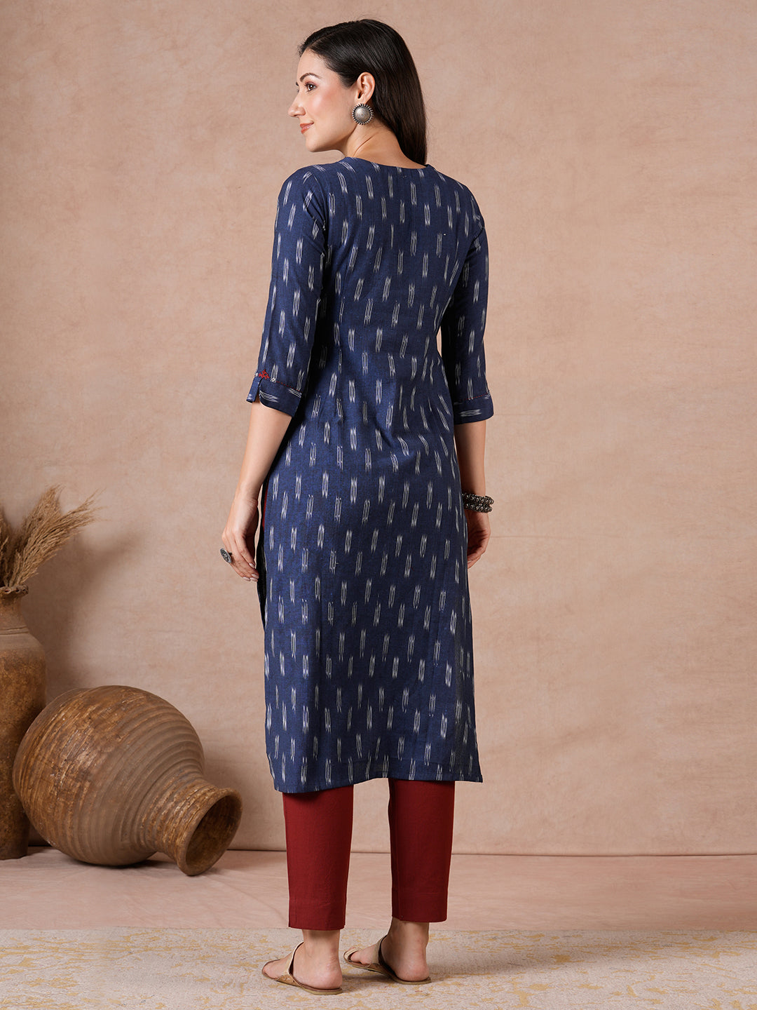 Straight Fit Cotton Ikat Kurta with Rabari Embroidery & Mirror Work Detailing.