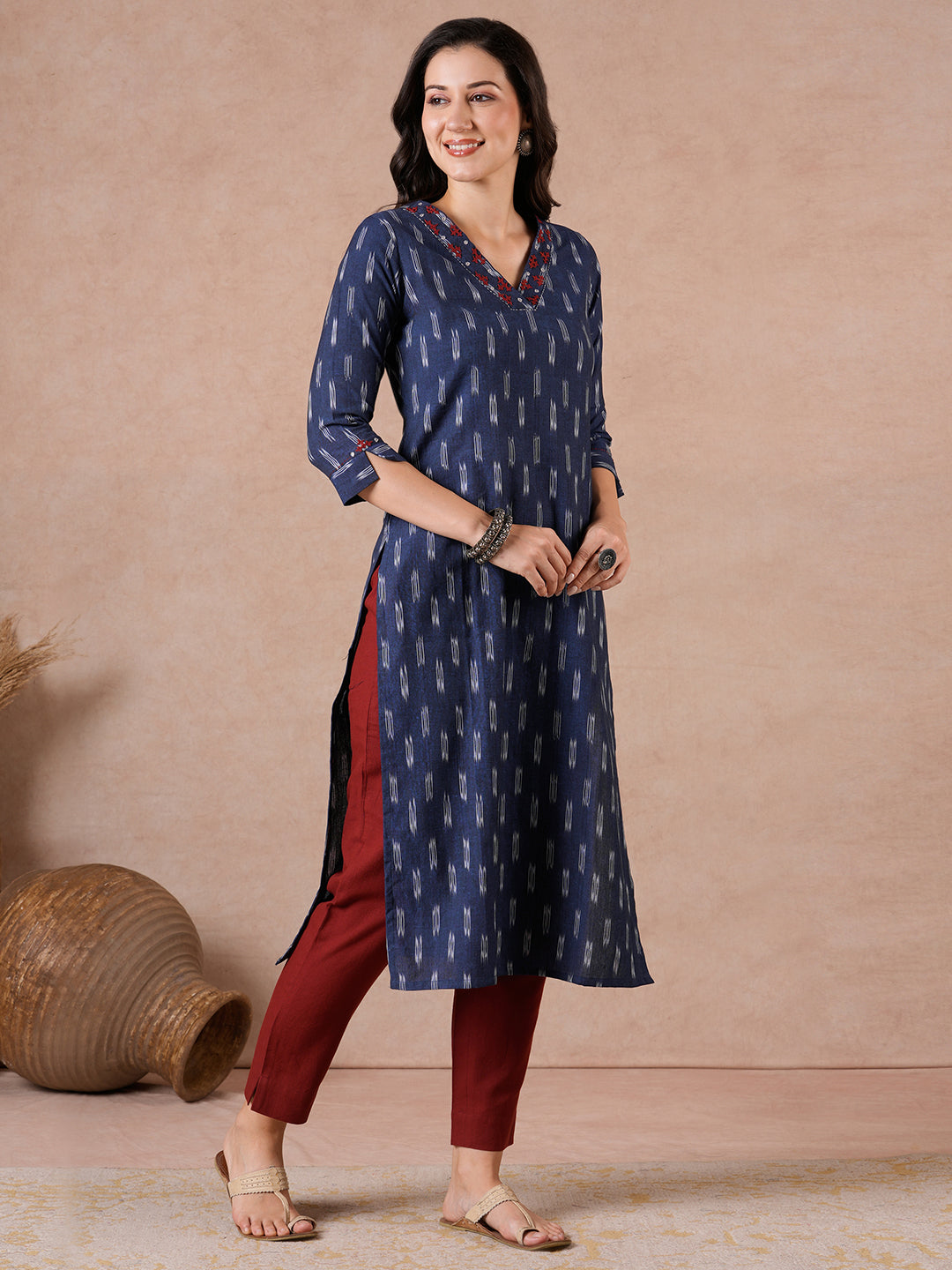 Straight Fit Cotton Ikat Kurta with Rabari Embroidery & Mirror Work Detailing.