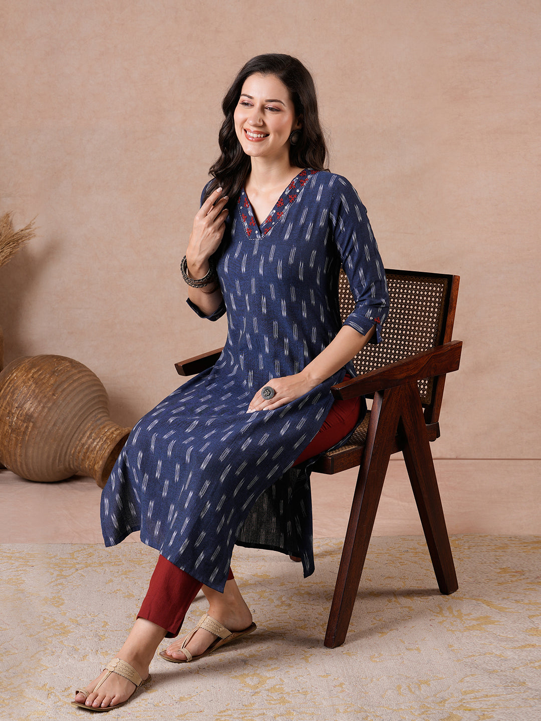 Straight Fit Cotton Ikat Kurta with Rabari Embroidery & Mirror Work Detailing.
