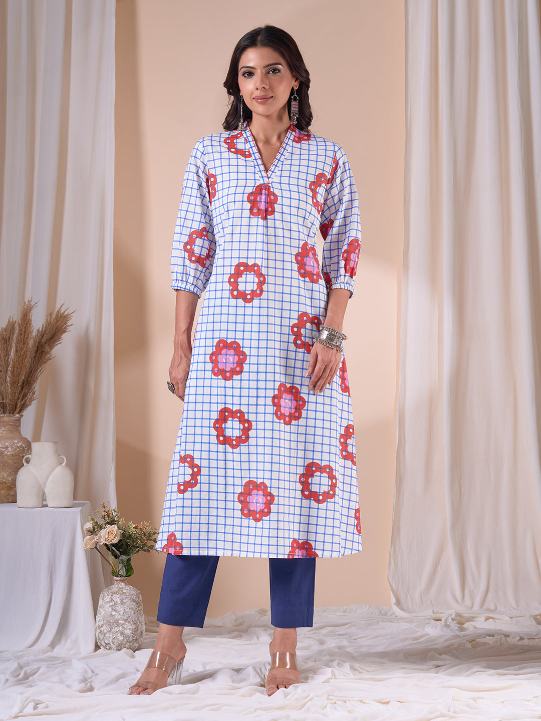 A-Line Cotton Printed Kurta with Floral Checks, Gathering & Hand Work.