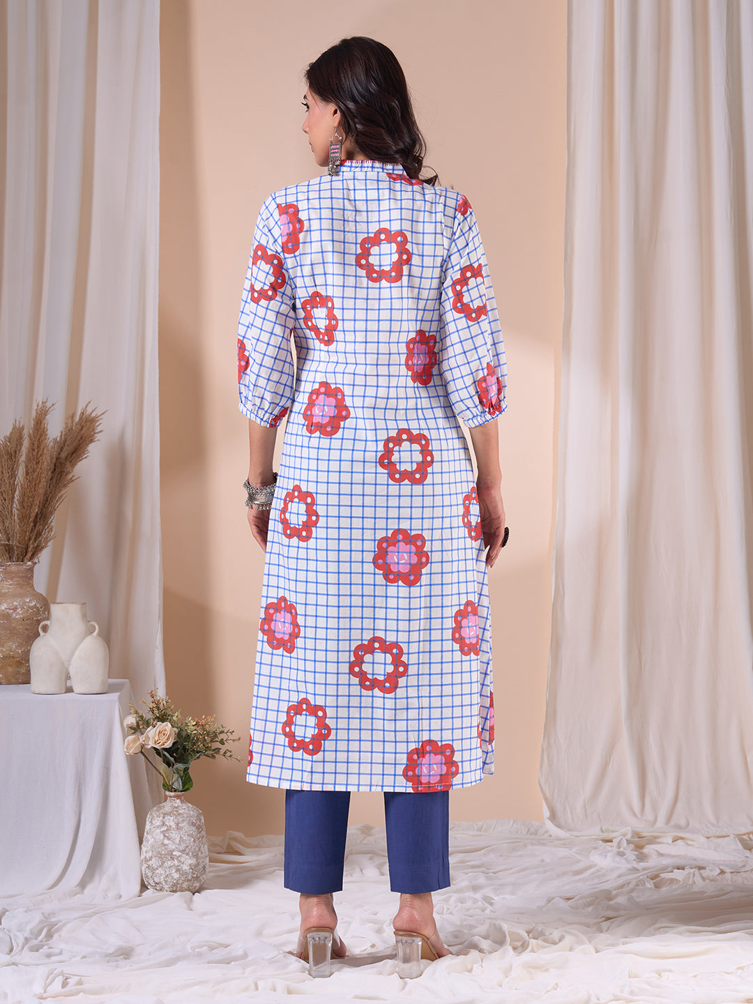 A-Line Cotton Printed Kurta with Floral Checks, Gathering & Hand Work.
