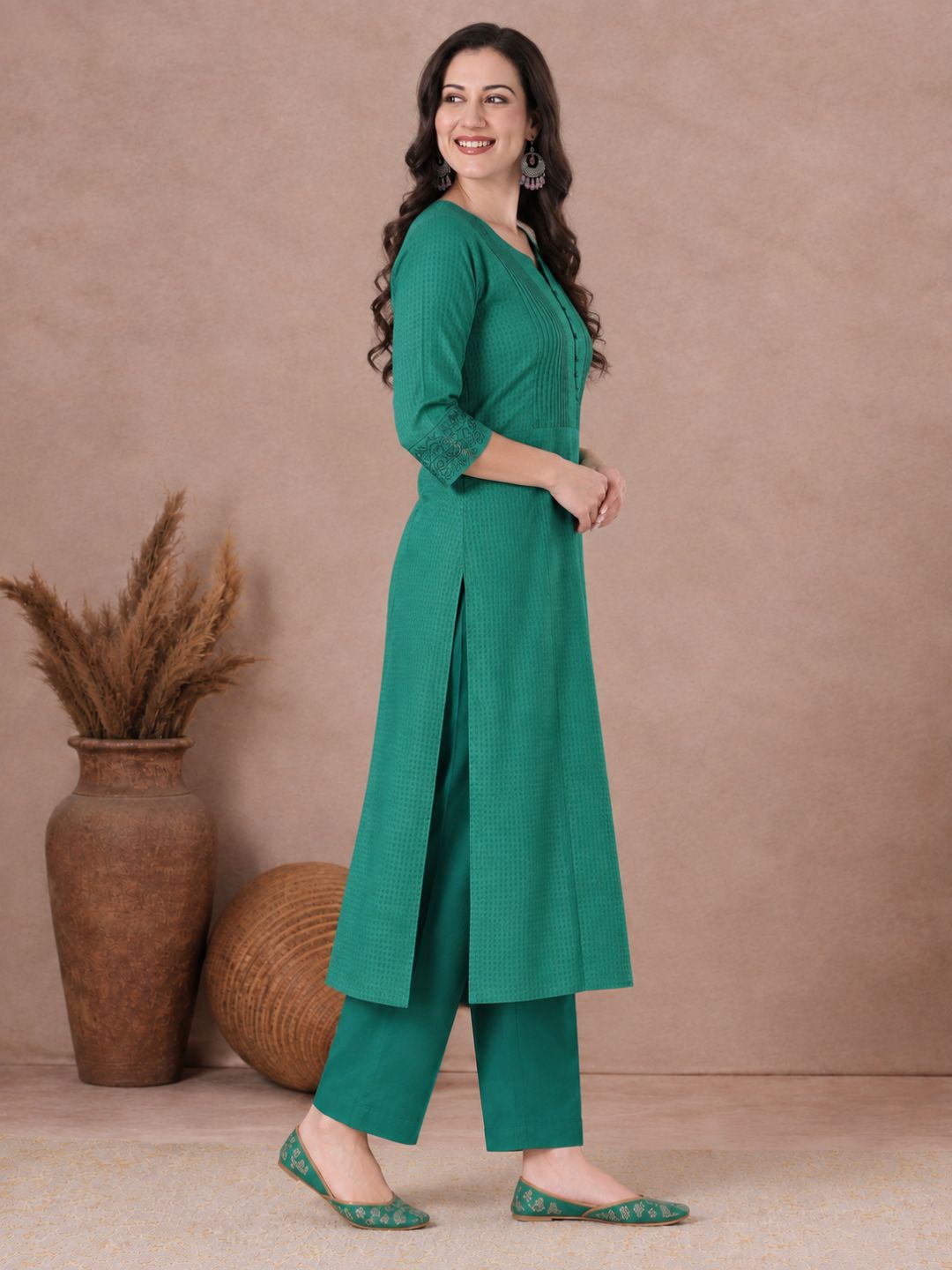 A-Line Cotton Jacquard Kurta with Pleats, Lace, Embroidery & Beaded Detailing.