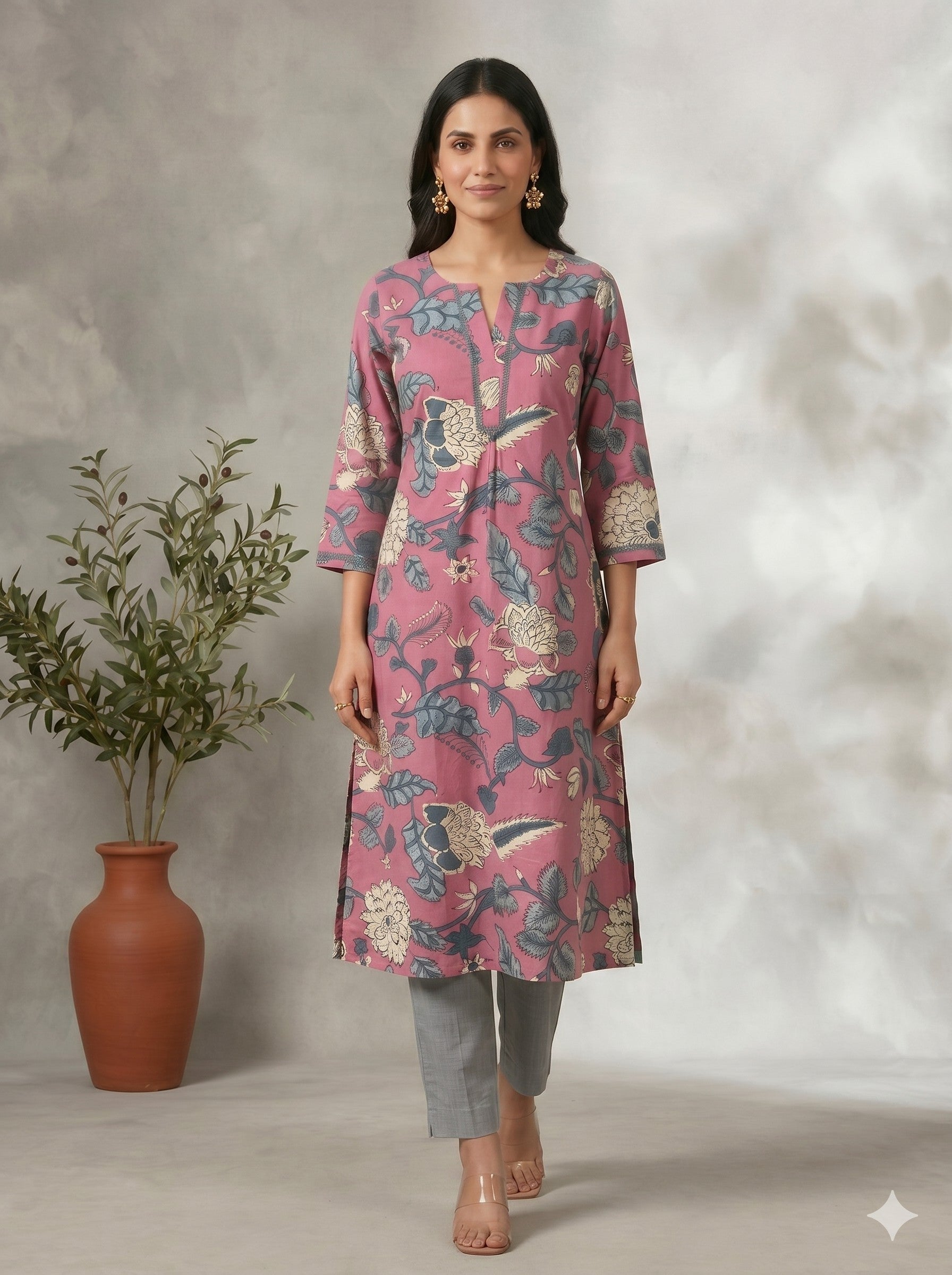 Pink A-Line Cotton Ethnic Floral Print Kurta with Stylish Neck Detailing.