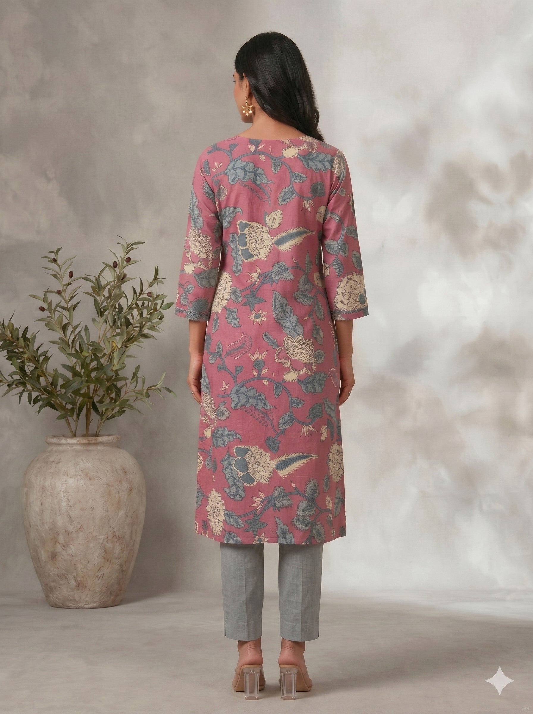 Pink A-Line Cotton Ethnic Floral Print Kurta with Stylish Neck Detailing.