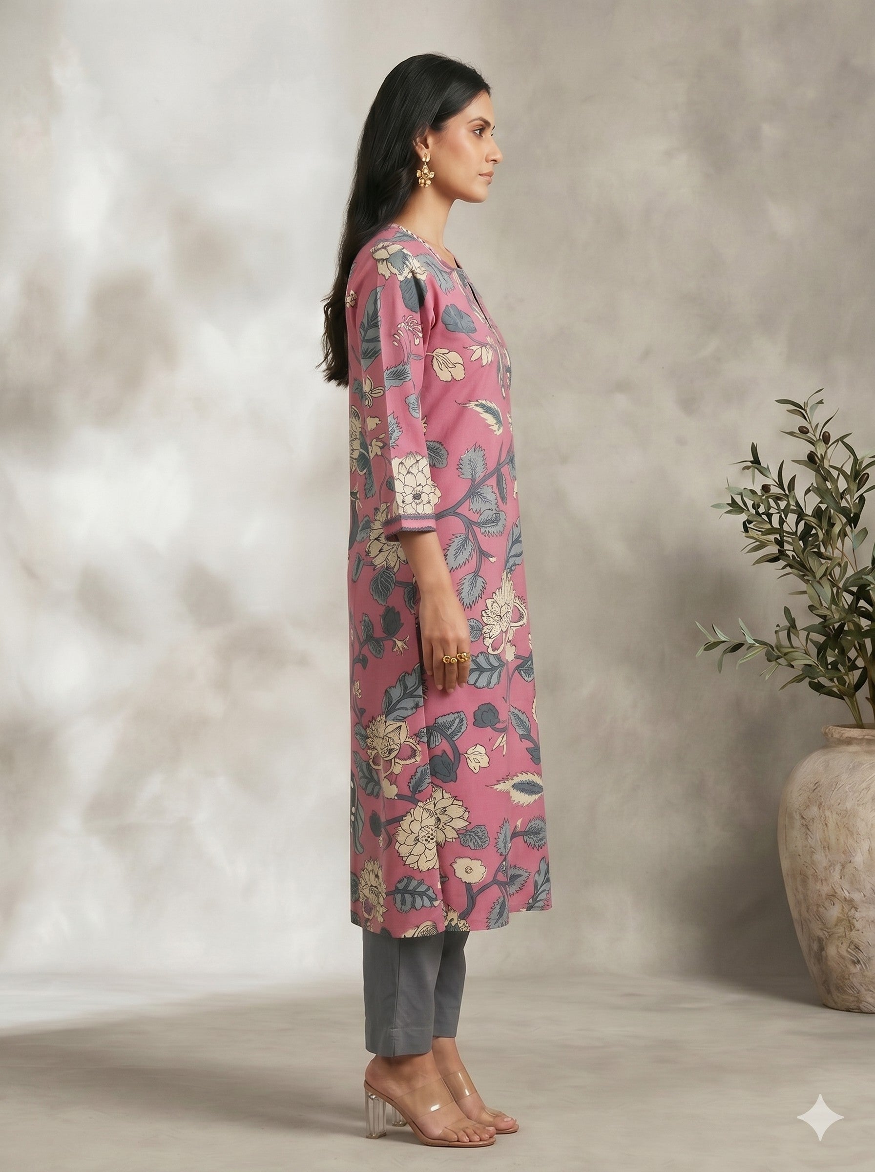 Pink A-Line Cotton Ethnic Floral Print Kurta with Stylish Neck Detailing.