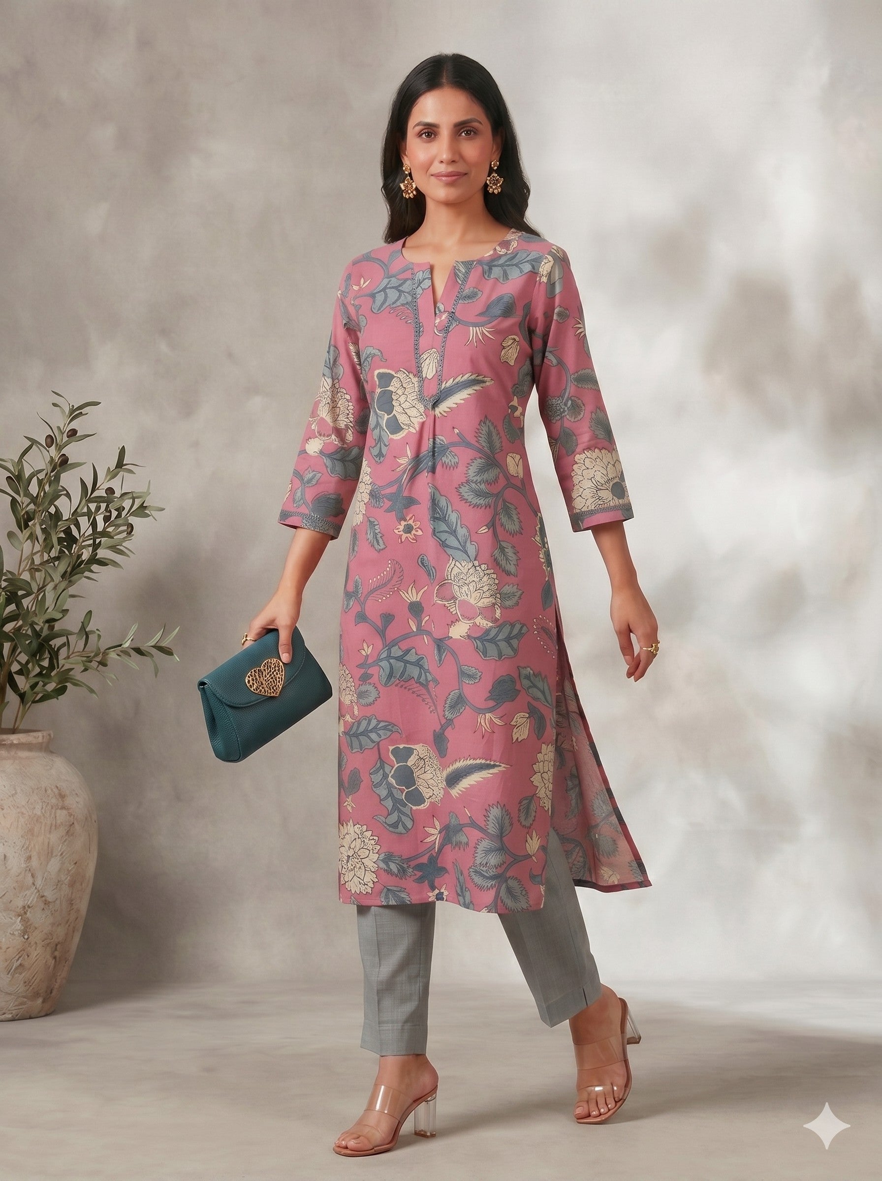 Pink A-Line Cotton Ethnic Floral Print Kurta with Stylish Neck Detailing.