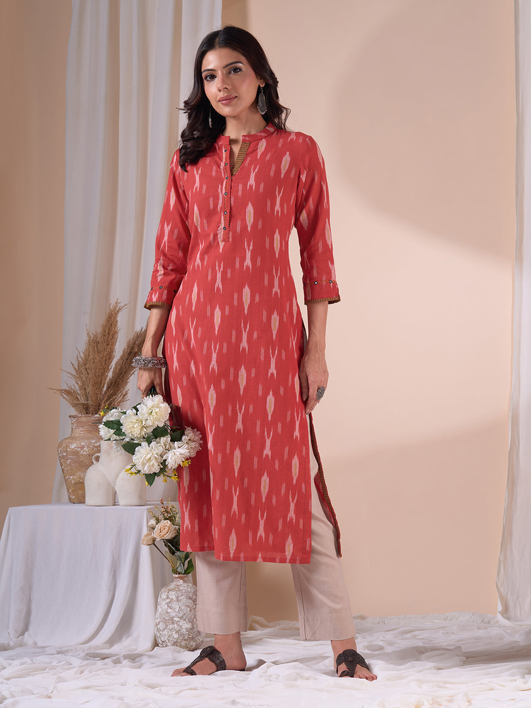 Straight Fit Cotton Ikat Weave Kurta with Checkered Trim & Handwork Detailing.