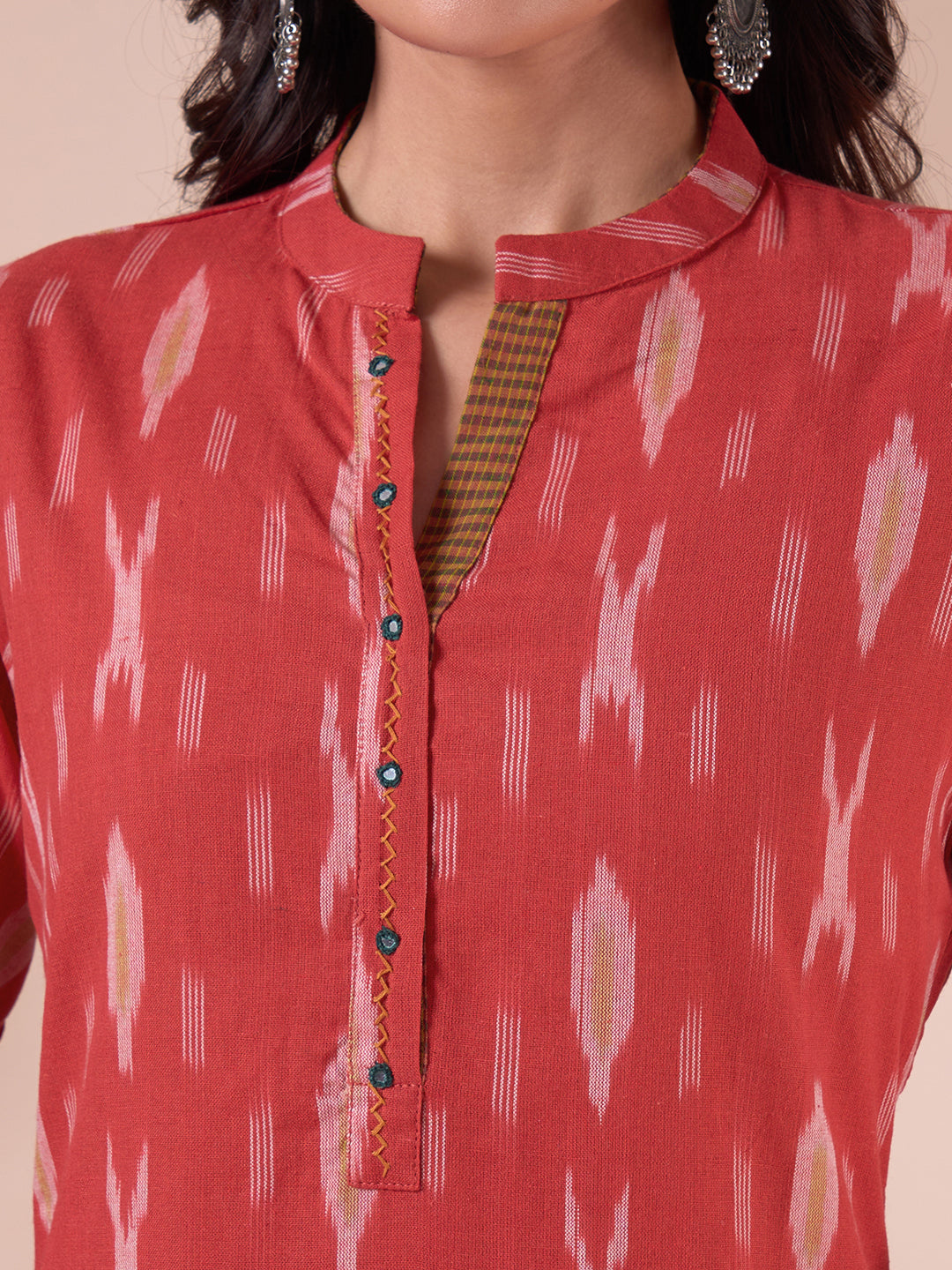 Straight Fit Cotton Ikat Weave Kurta with Checkered Trim & Handwork Detailing.