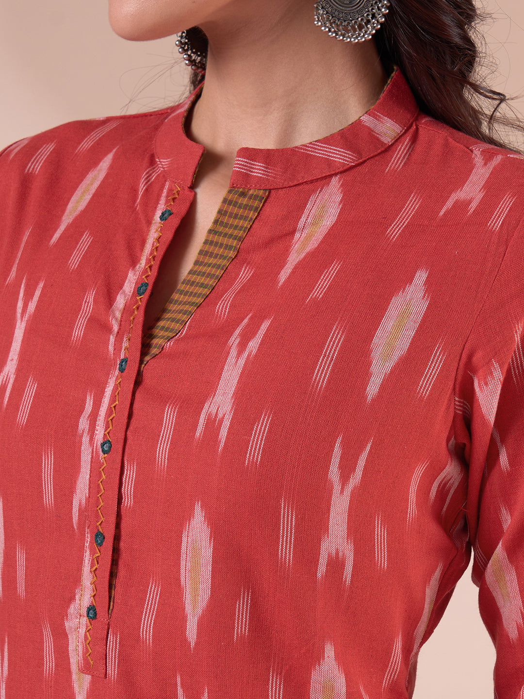 Straight Fit Cotton Ikat Weave Kurta with Checkered Trim & Handwork Detailing.