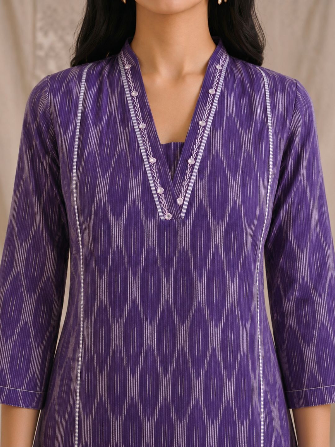 Straight Fit Purple Cotton Ikat Kurta with Hand Embroidery & Woven Stripe Work.
