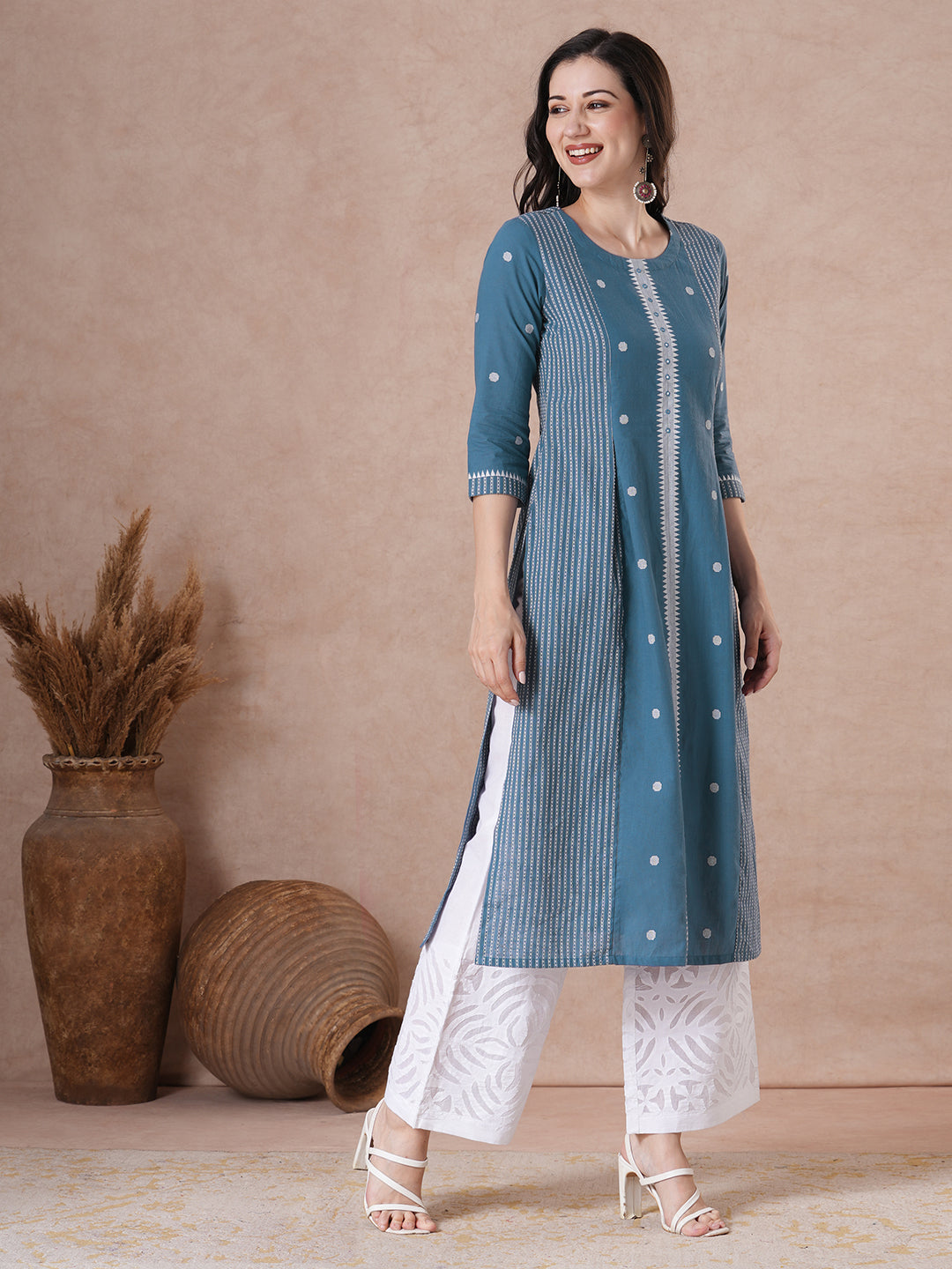 Cotton Panelled A-Line Dobby Kurta with Mirror Work on Center Seam
