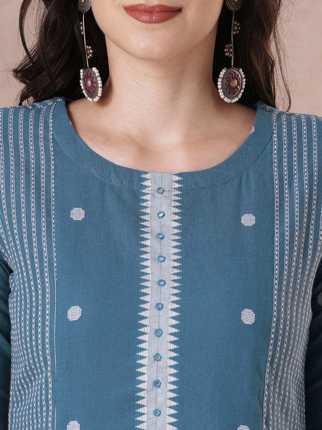 Cotton Panelled A-Line Dobby Kurta with Mirror Work on Center Seam
