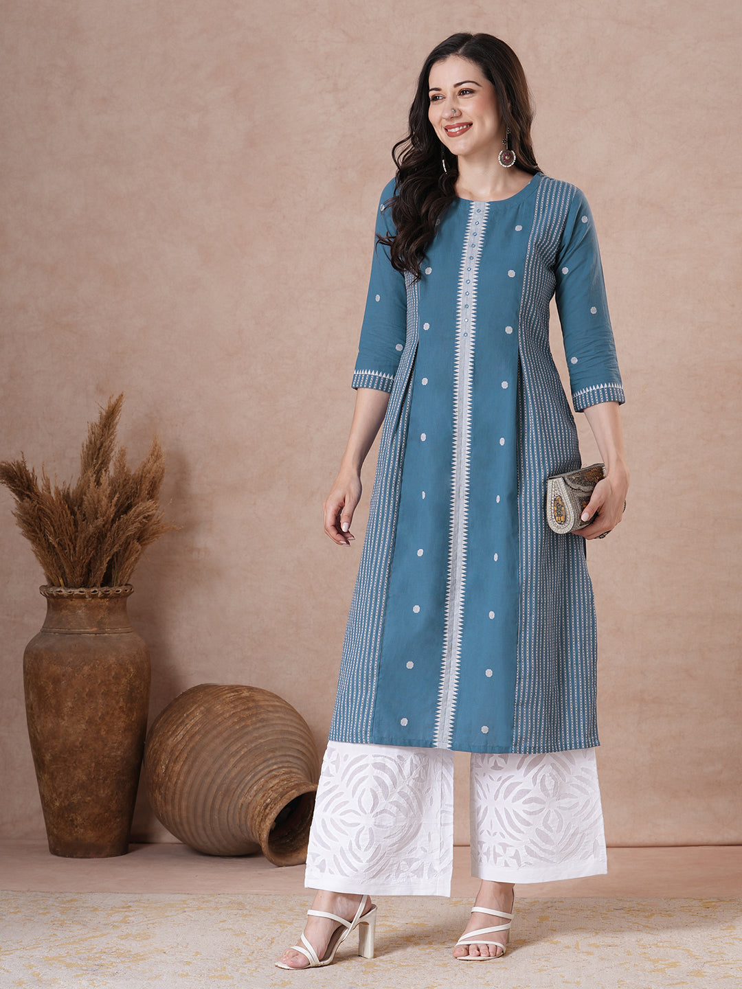 Cotton Panelled A-Line Dobby Kurta with Mirror Work on Center Seam