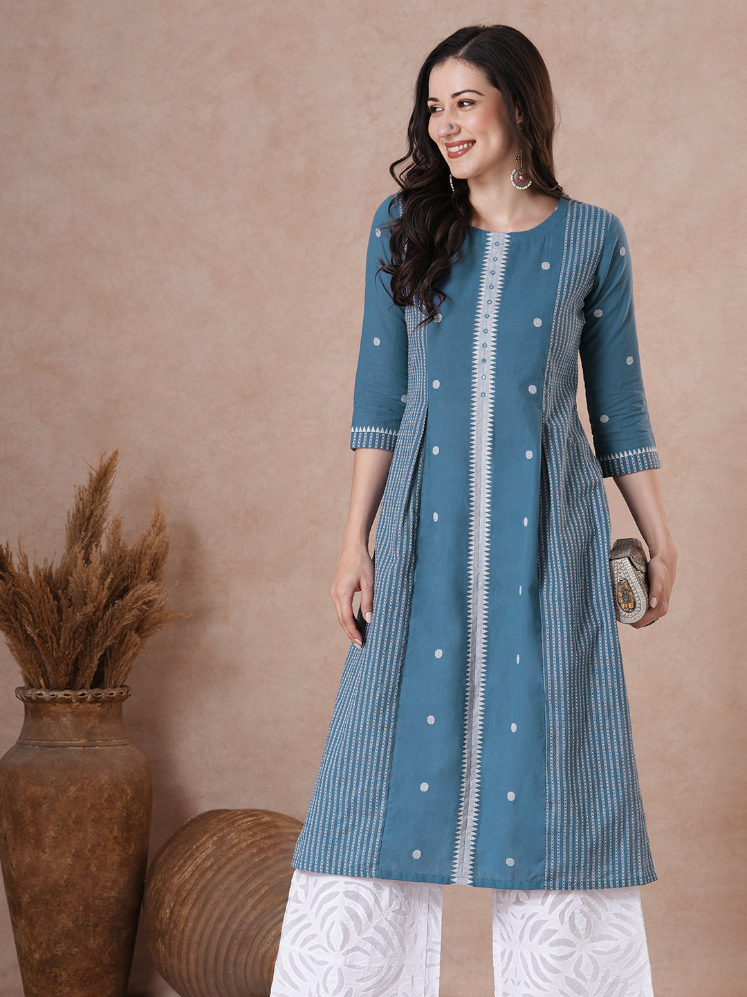 Cotton Panelled A-Line Dobby Kurta with Mirror Work on Center Seam