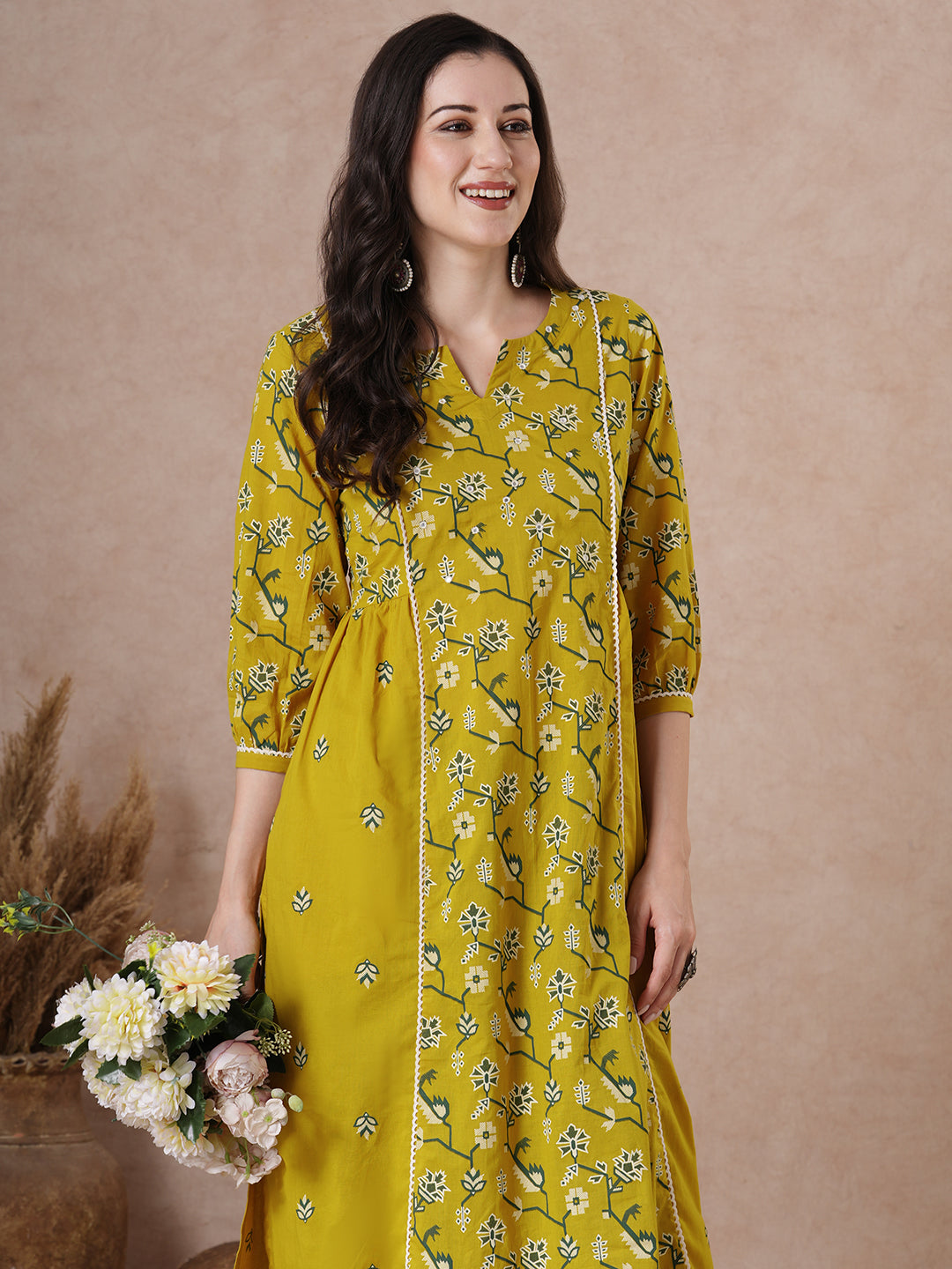 JOYLAND-A-Line Cotton Kurta with Printed Design and Mirror Work Neck Accent