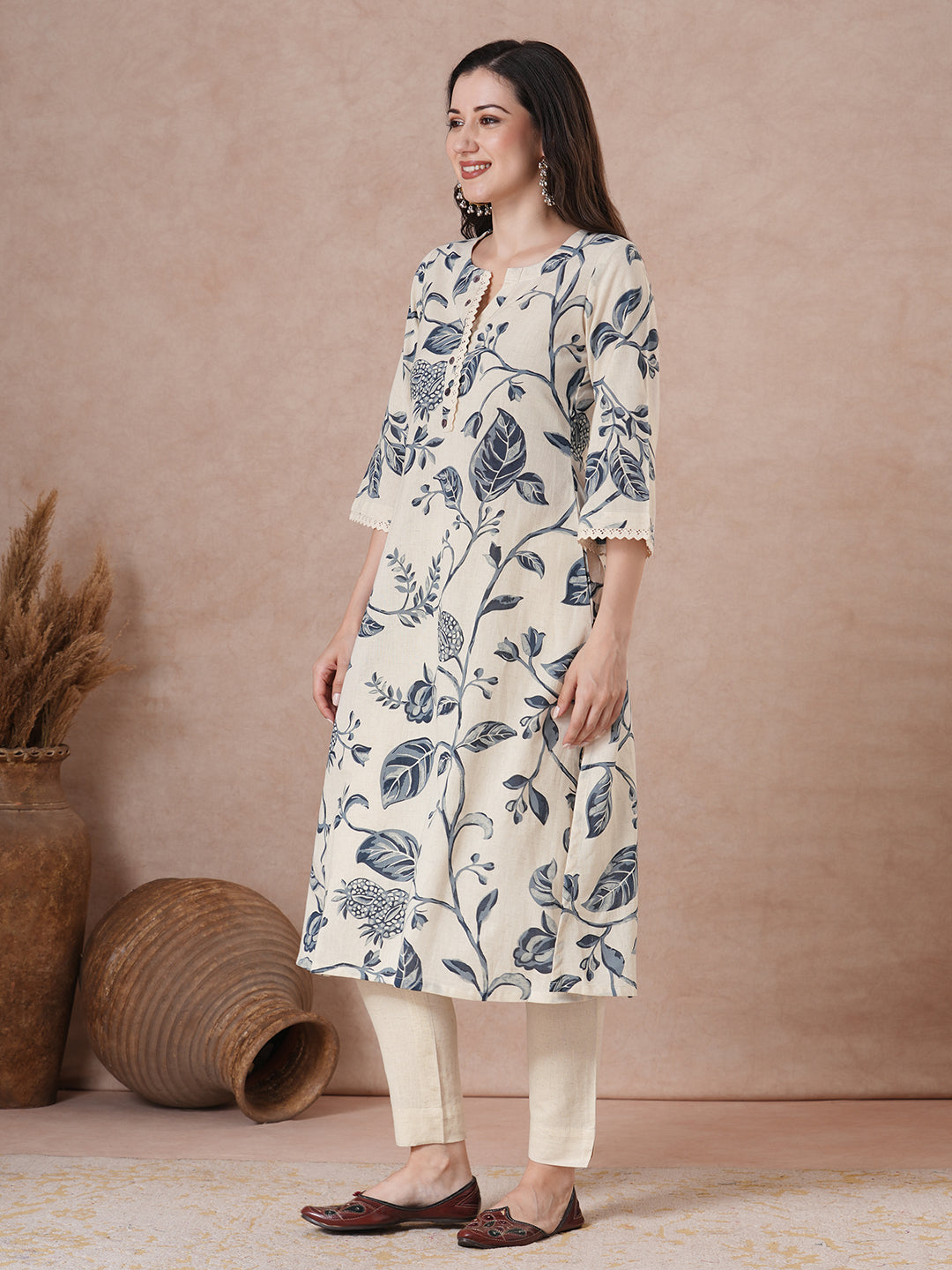 JOYLAND - A-Line Cotton Flex Kurta with Botanical Print, Lace Accents and Bell Sleeves