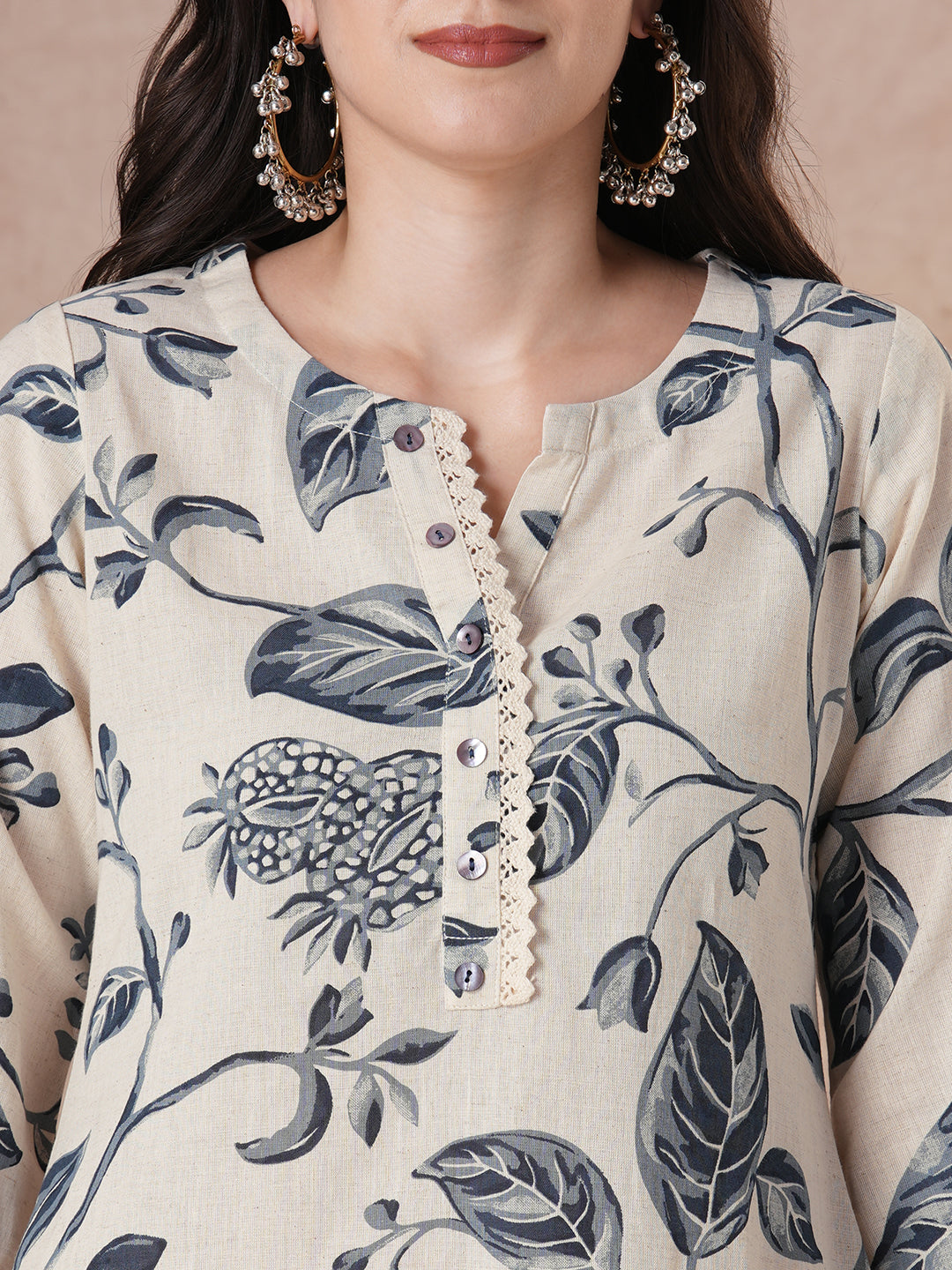 JOYLAND - A-Line Cotton Flex Kurta with Botanical Print, Lace Accents and Bell Sleeves